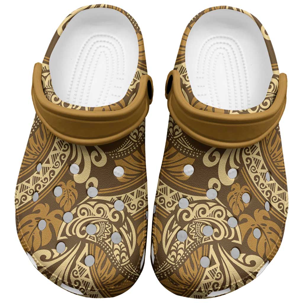 Brown Gold Monstera Clogs Shoes Polynesian Tribal Pattern LT01 Gold - Polynesian Pride