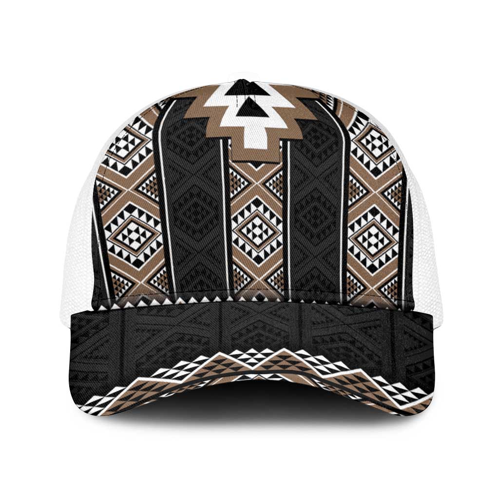 Brown Taniko Aotearoa Baseball Net Cap Niho Taniwha Mix Poutama LT14 One Size White Brown - Polynesian Pride