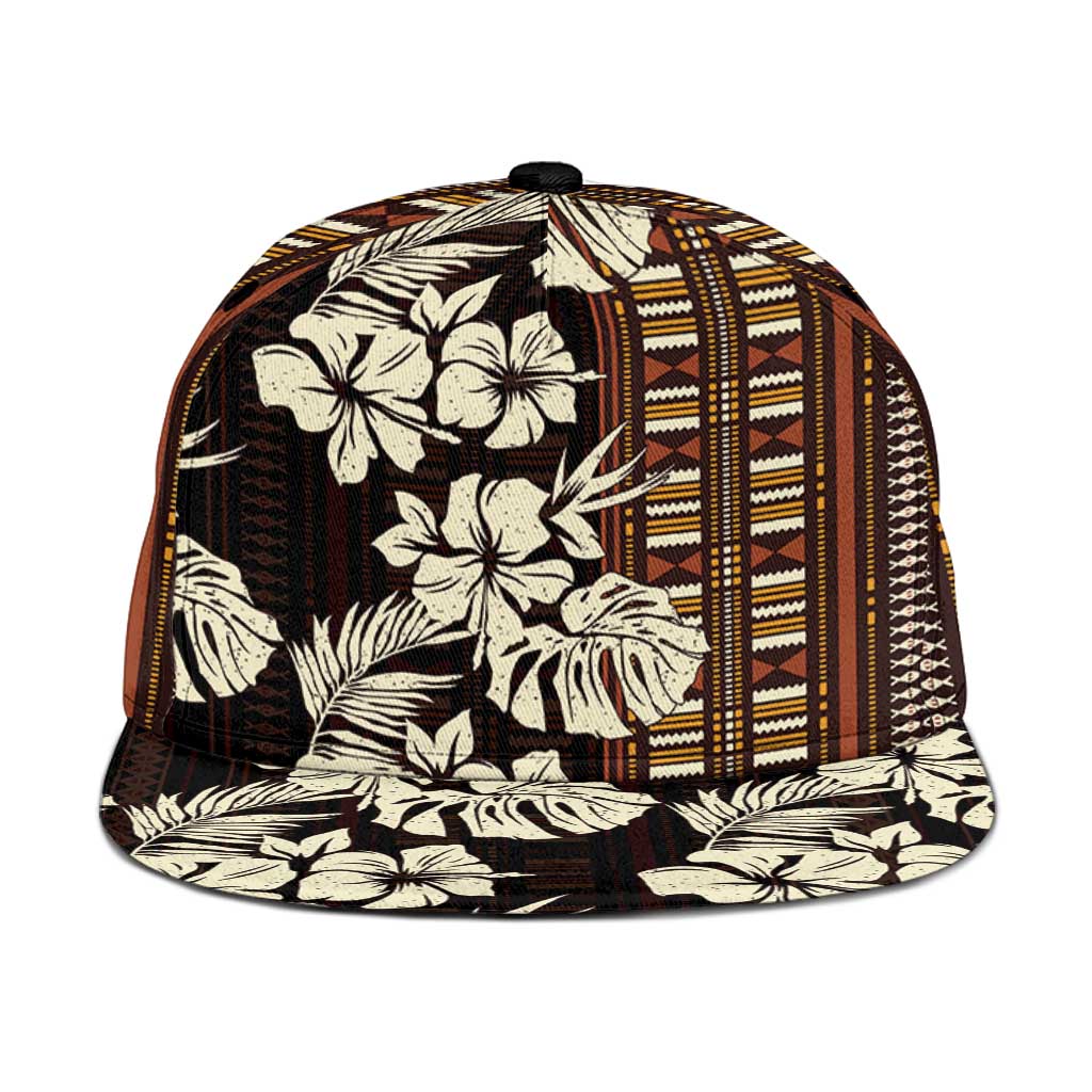 Bula Fiji Masi Snapback Cap Tapa Tropical Hibiscus Half Stylized LT14 One Size Brown - Polynesian Pride