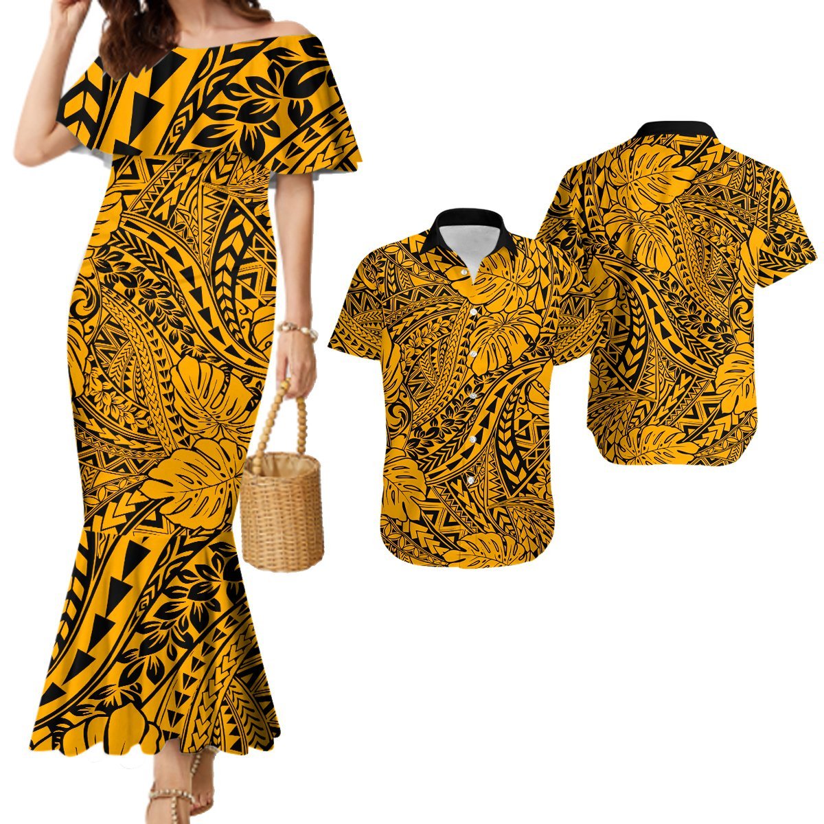 Hawaii Couples Matching Mermaid Dress and Hawaiian Shirt - Gold Polynesian Tribal Art LT14 Gold - Polynesian Pride