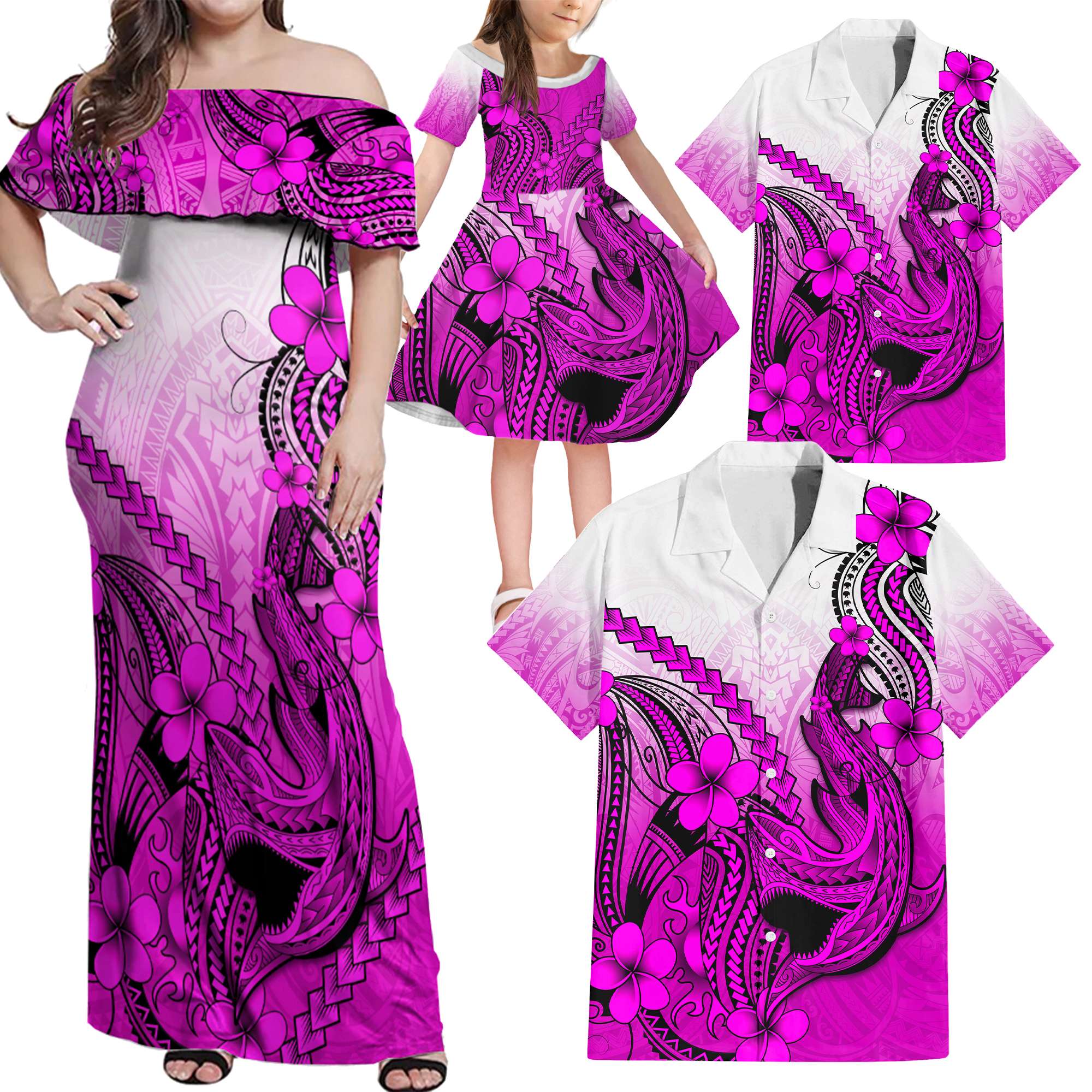 Pink Hawaii Family Matching Outfits Off Shoulder Maxi Dress And Hawaiian Shirt Polynesian Shark Tattoo LT14 - Polynesian Pride