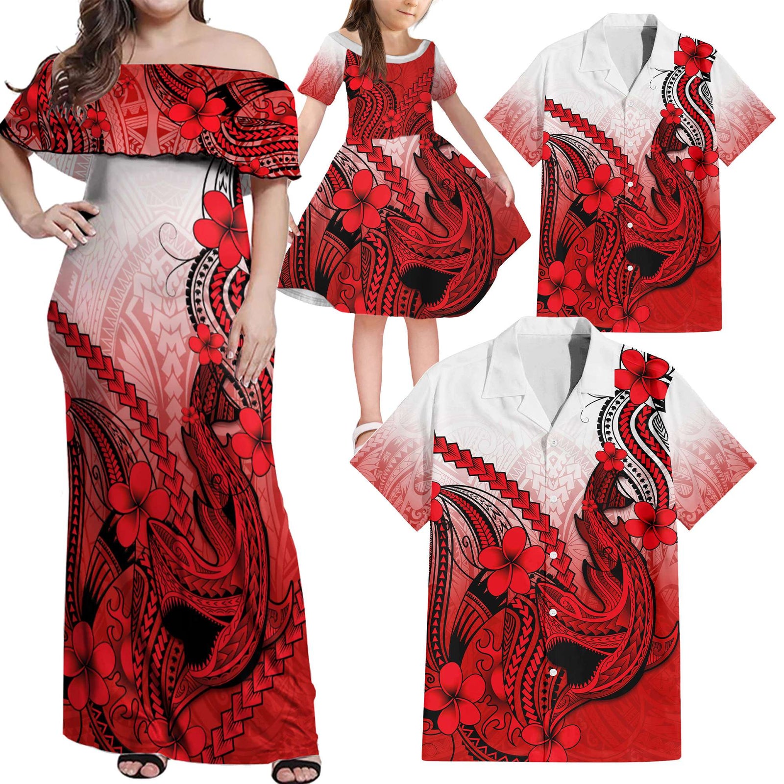 Red Pink Hawaii Family Matching Outfits Off Shoulder Maxi Dress And Hawaiian Shirt Polynesian Shark Tattoo LT14 Dad's Shirt - 5XL - Polynesian Pride