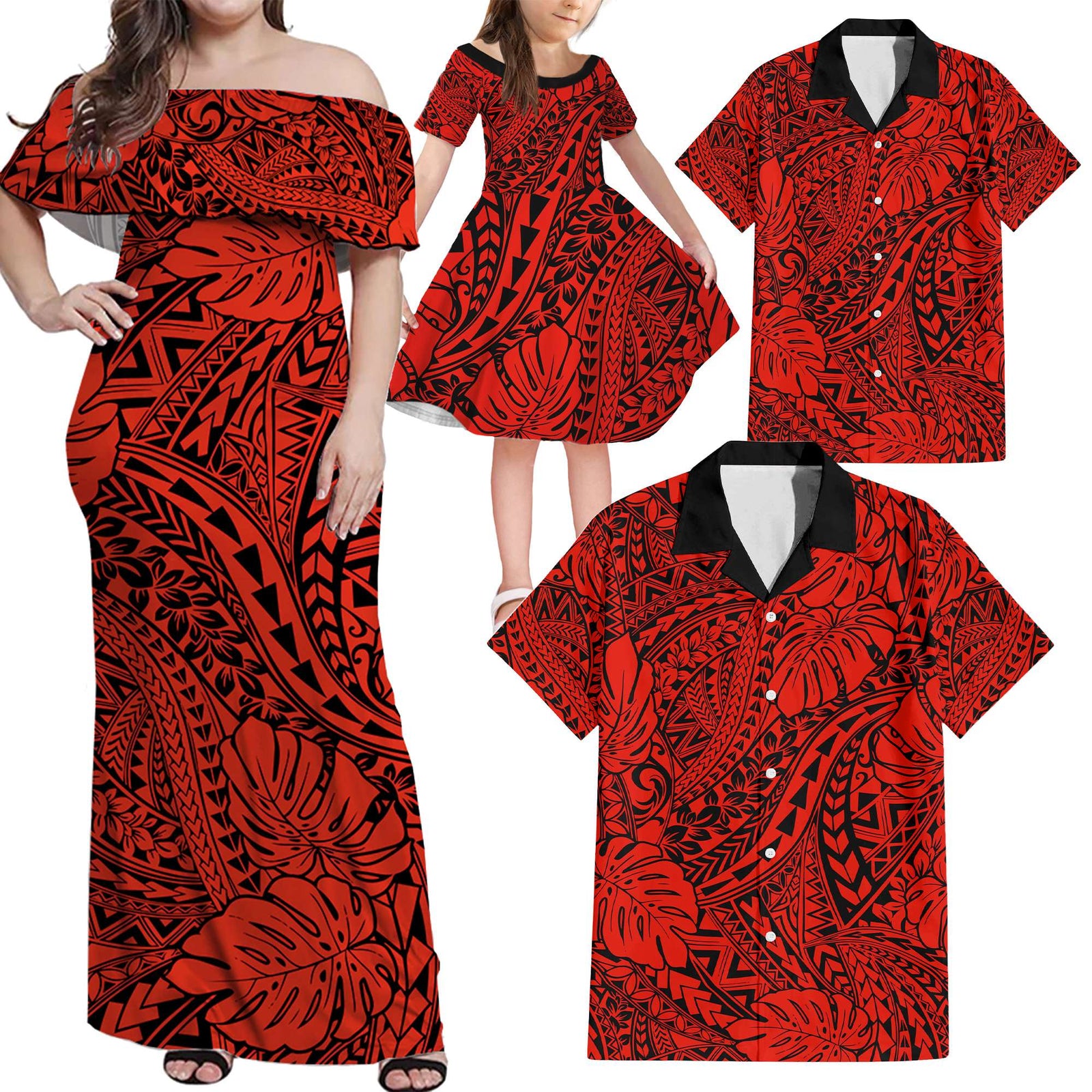 Red Hawaii Family Matching Off Shoulder Maxi Dress And Hawaiian Shirt Tribal Art LT14 Dad's Shirt - 6XL - Polynesian Pride
