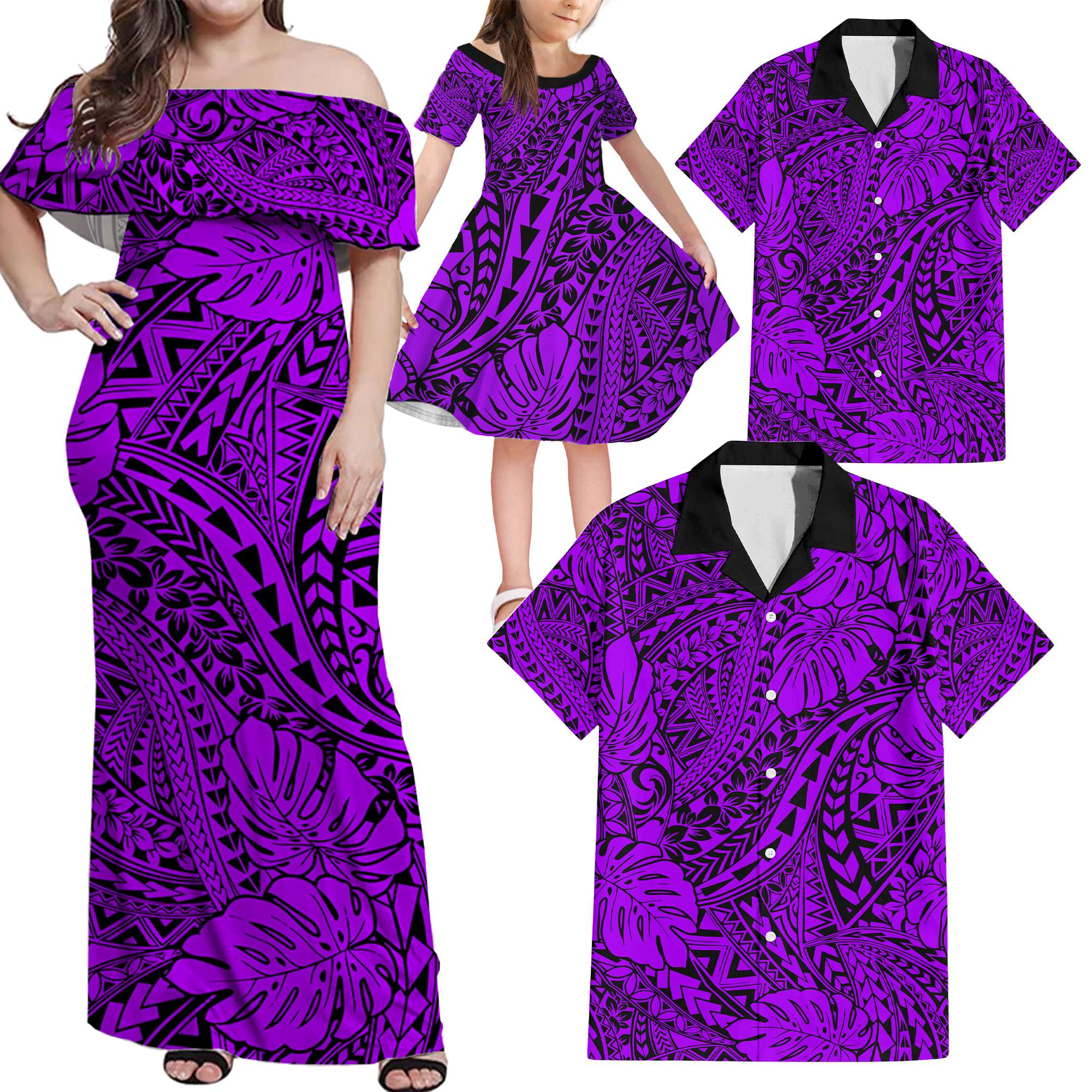 Purple Hawaii Family Matching Off Shoulder Maxi Dress And Hawaiian Shirt Tribal Art LT14 - Polynesian Pride