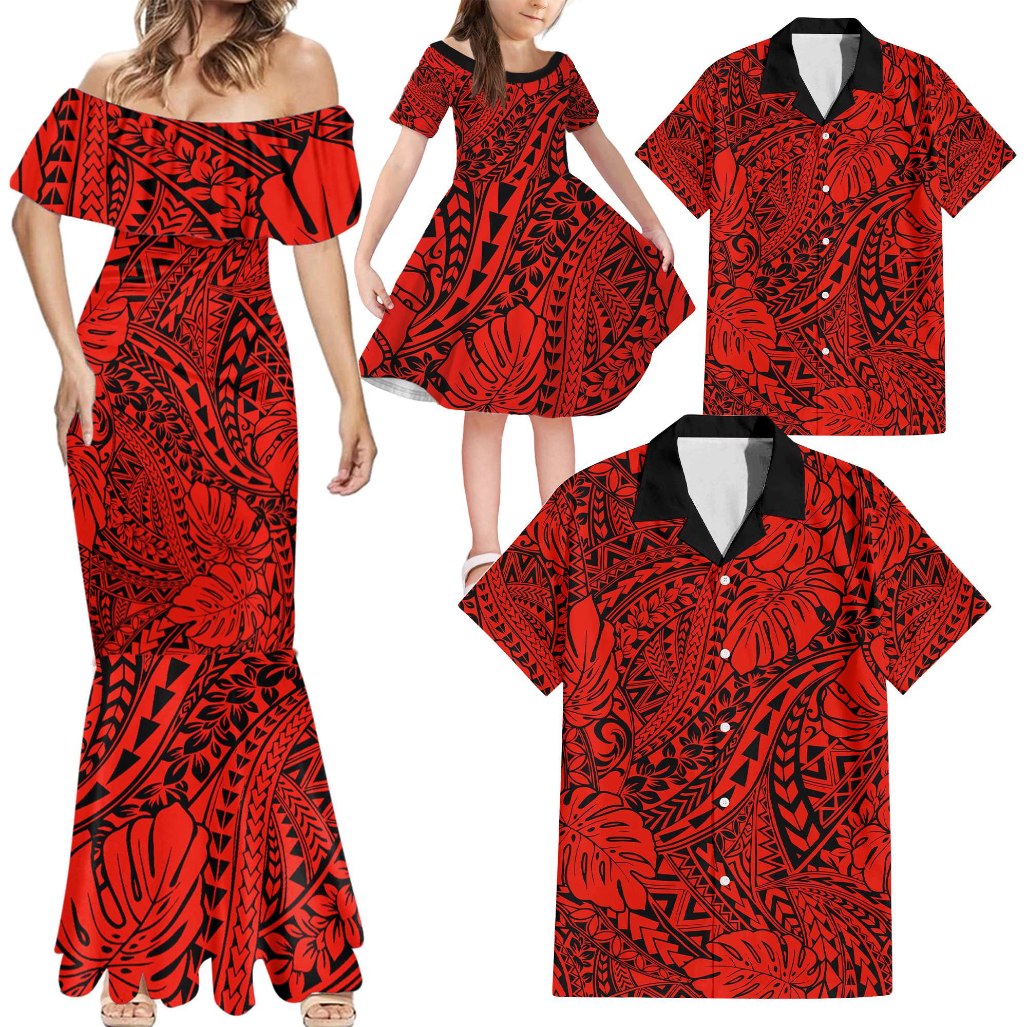 Red Hawaii Family Matching Mermaid Dress And Hawaiian Shirt Tribal Art LT14 - Polynesian Pride