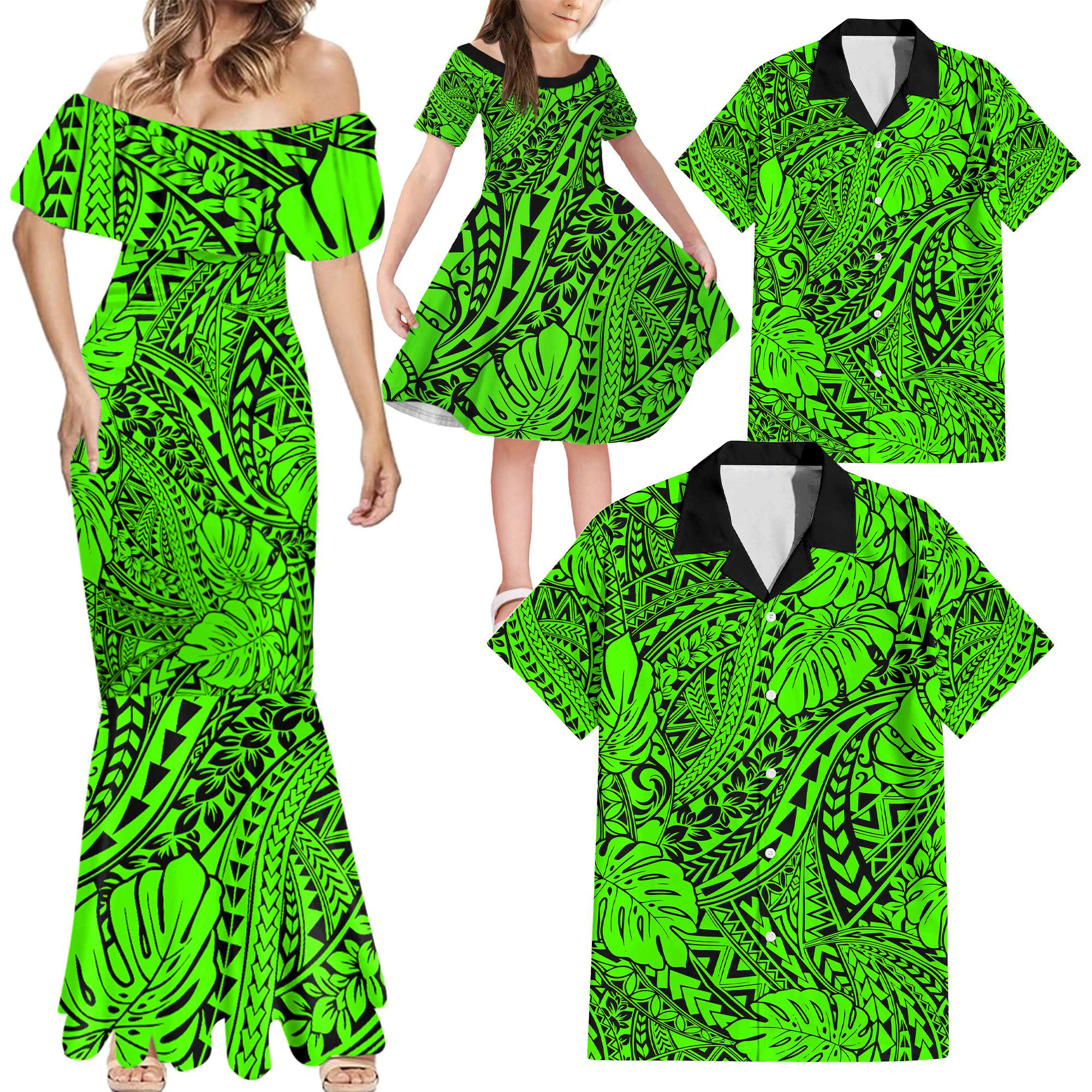 Green Hawaii Family Matching Mermaid Dress And Hawaiian Shirt Tribal Art LT14 - Polynesian Pride