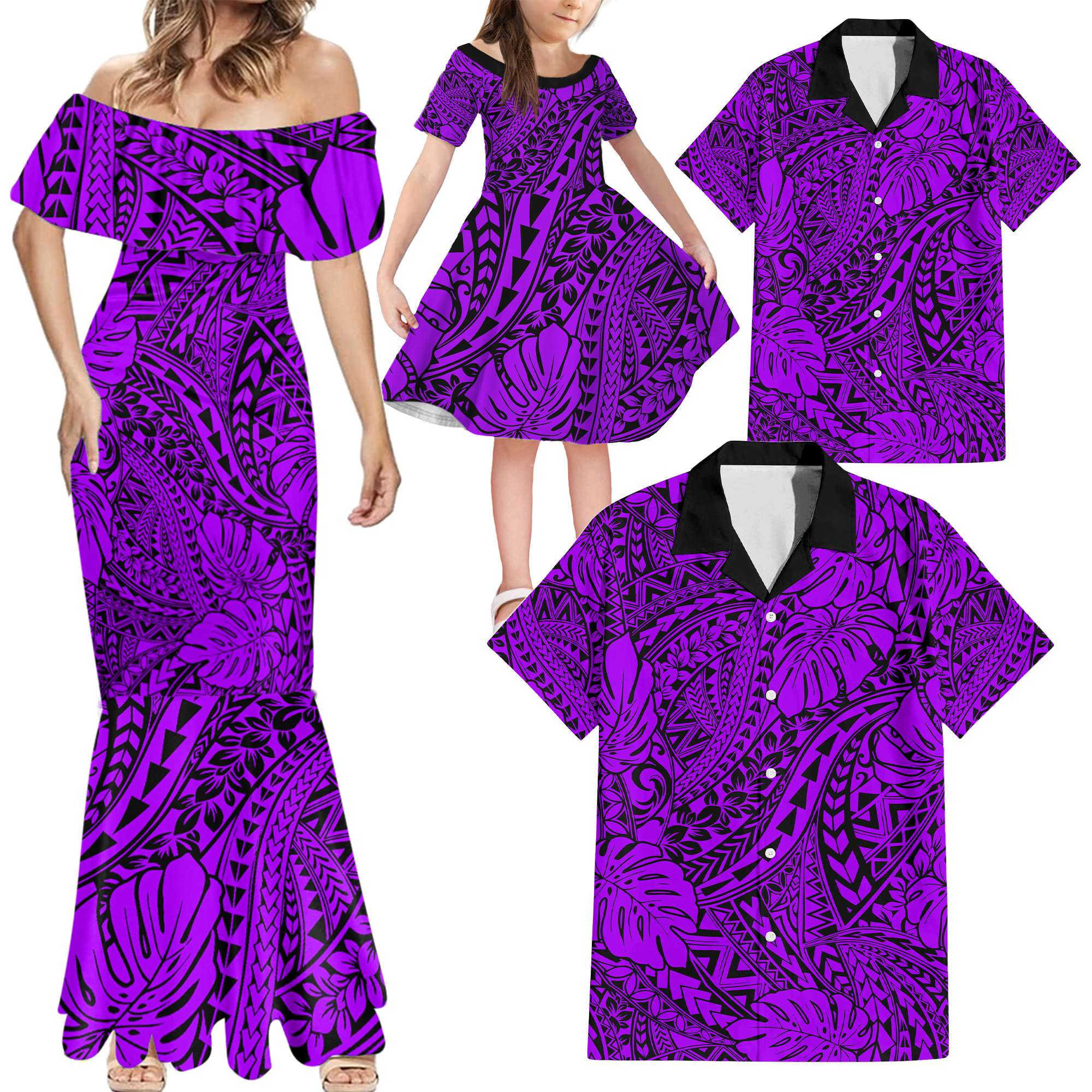 Purple Hawaii Family Matching Mermaid Dress And Hawaiian Shirt Tribal Art LT14 - Polynesian Pride