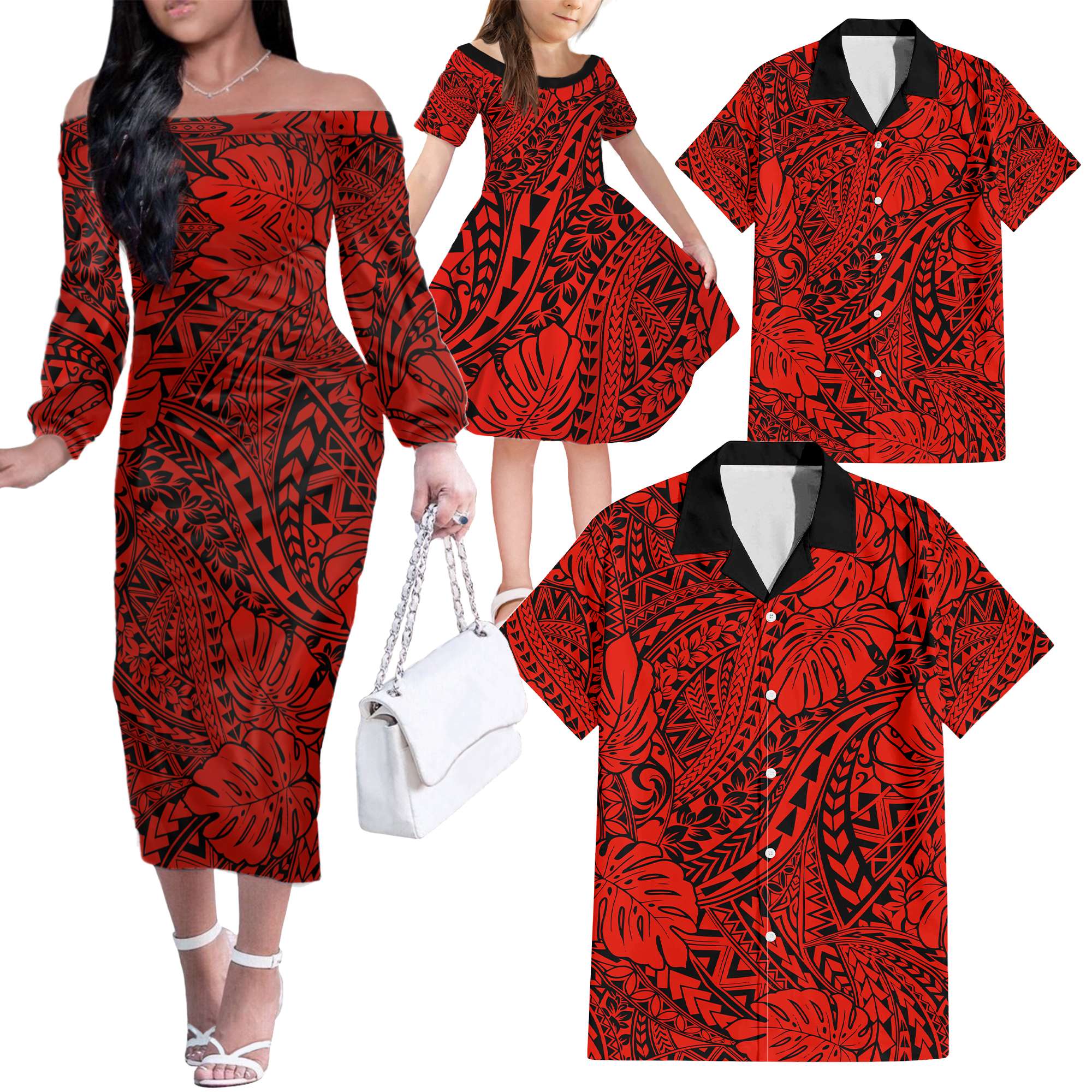Red Hawaii Family Matching Off Shoulder Long Sleeve Dress And Hawaiian Shirt Tribal Art LT14 - Polynesian Pride