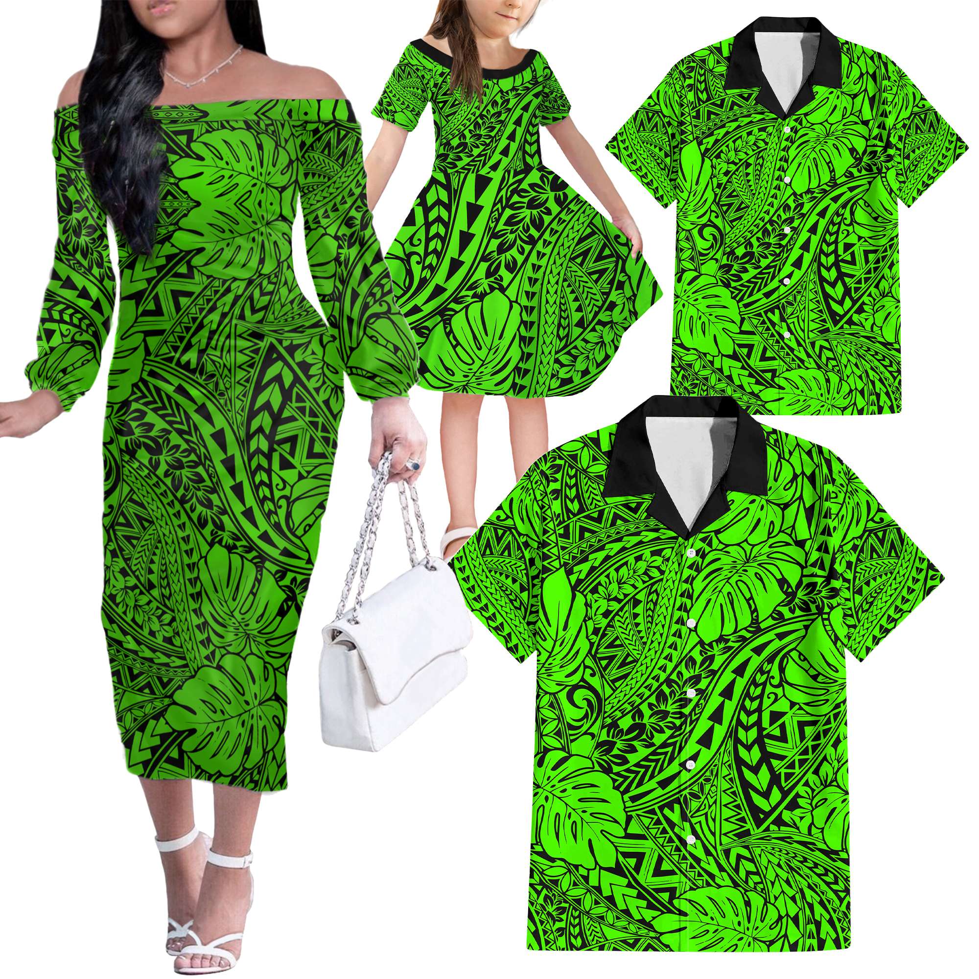 Green Hawaii Family Matching Off Shoulder Long Sleeve Dress And Hawaiian Shirt Tribal Art LT14 - Polynesian Pride