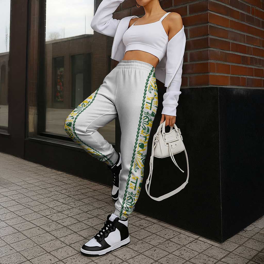 Cook Islands Island Floral Jogger Pants White Traditional Kuki's Geometric Pattern