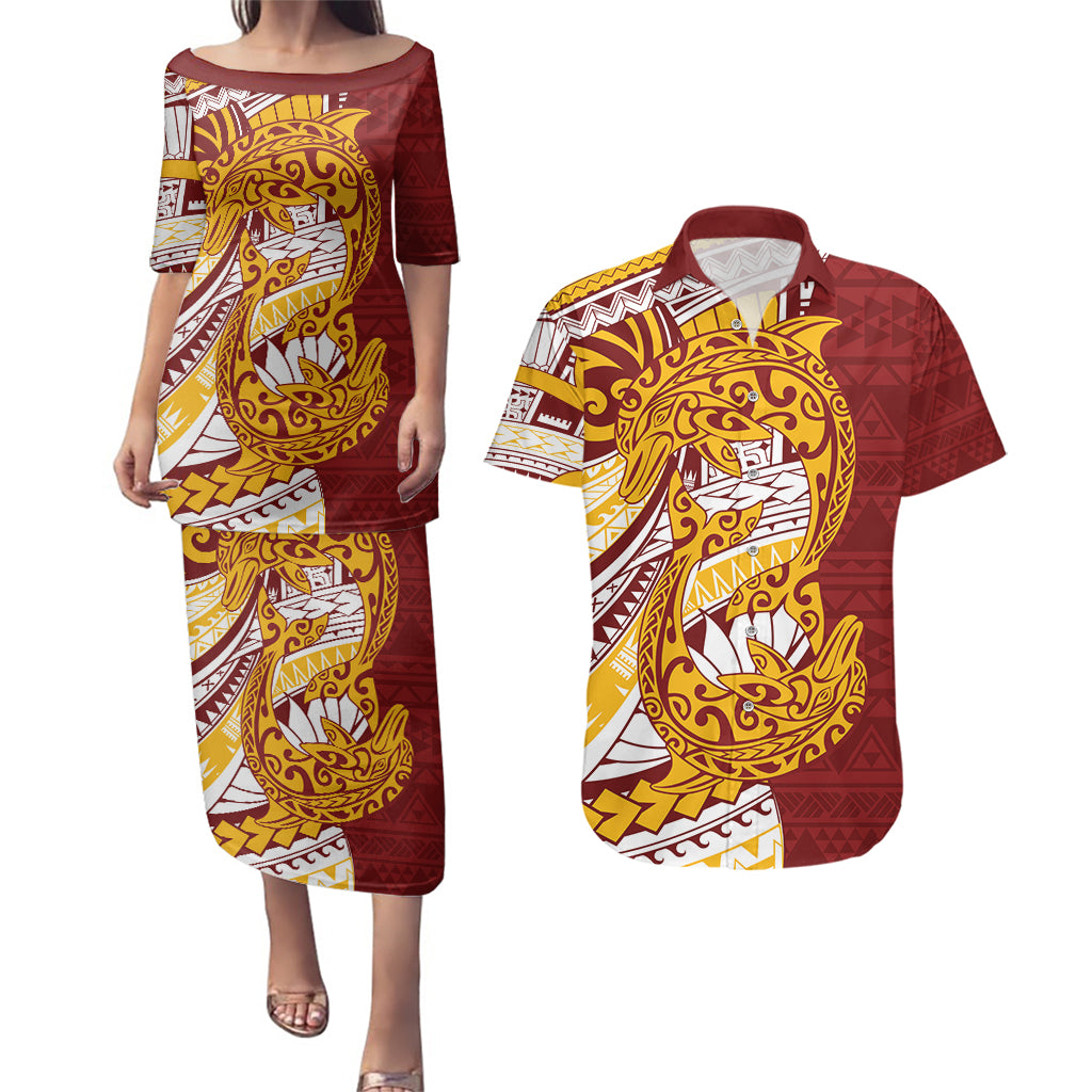 Couple Dolphins Burgundy White Gold Maori Motif Couples Matching Puletasi and Hawaiian Shirt LT9 Burgundy - Polynesian Pride