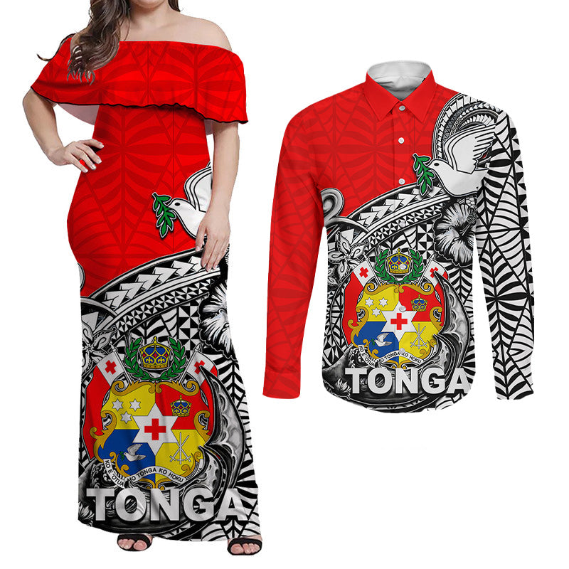 Tonga Hook Tattoo Matching Dress and Long Sleeve Button Shirt White LT05 - Polynesian Pride