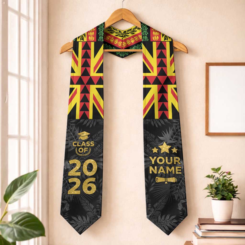 Custom Hawaii Graduation Stole Kakau Pattern With Leis LT05 One Size Black - Polynesian Pride
