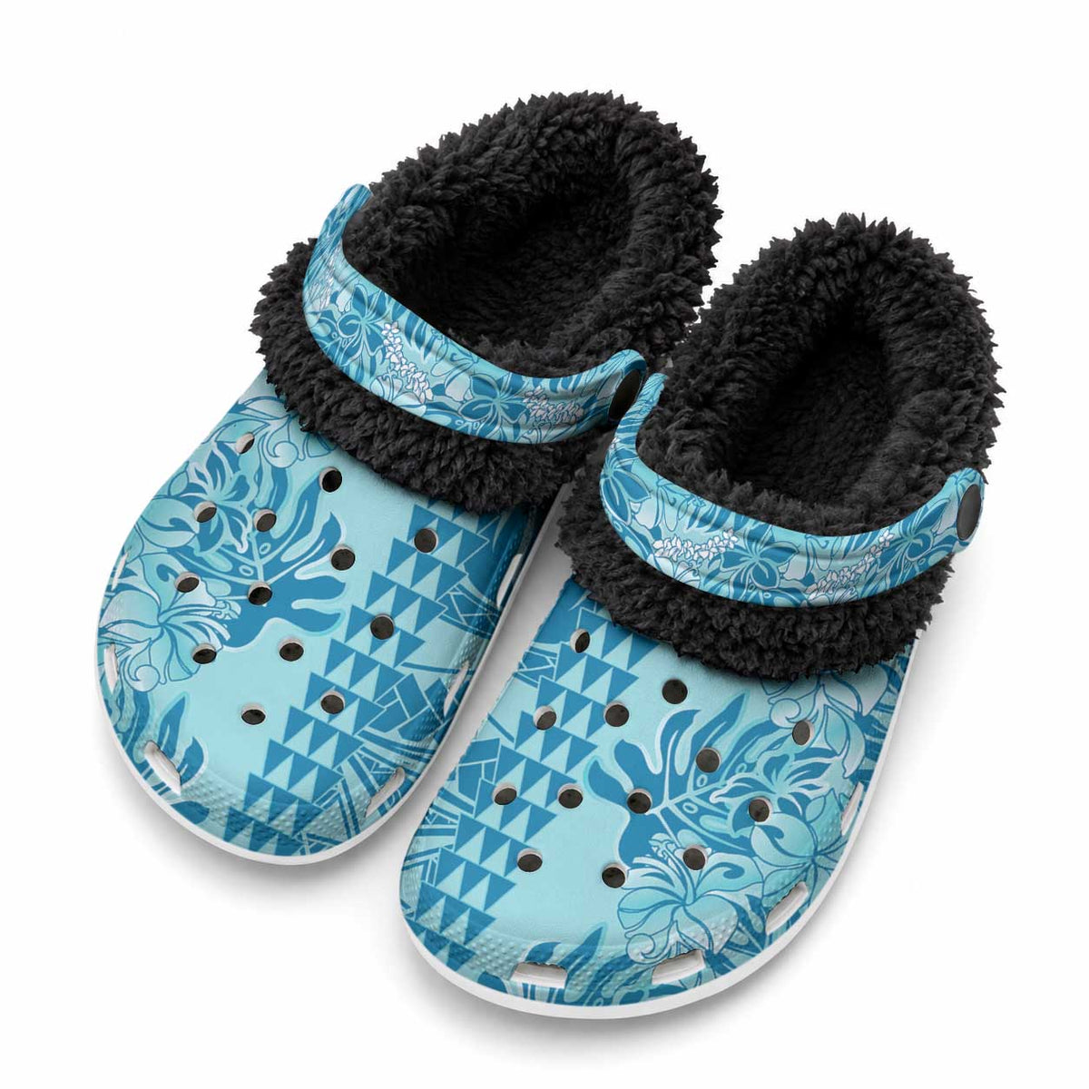 Cyan Hibiscus Monstera Seamless Kakau Hawaii Fleece Clogs