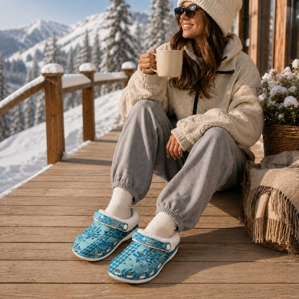 Cyan Hibiscus Monstera Seamless Kakau Hawaii Fleece Clogs