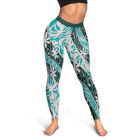 Cyan Tahiti Tiare Monstera Leggings Polynesian Pattern Curve Style LT01 - Polynesian Pride