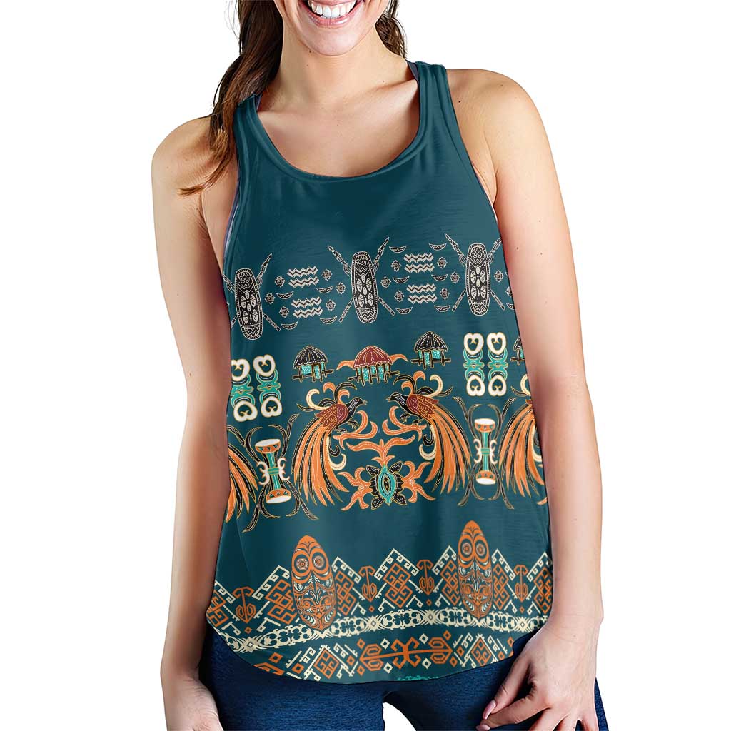 Dark Cyan Blue Batik Papua-inspired Pattern Women Racerback Tank LT9 - Polynesian Pride