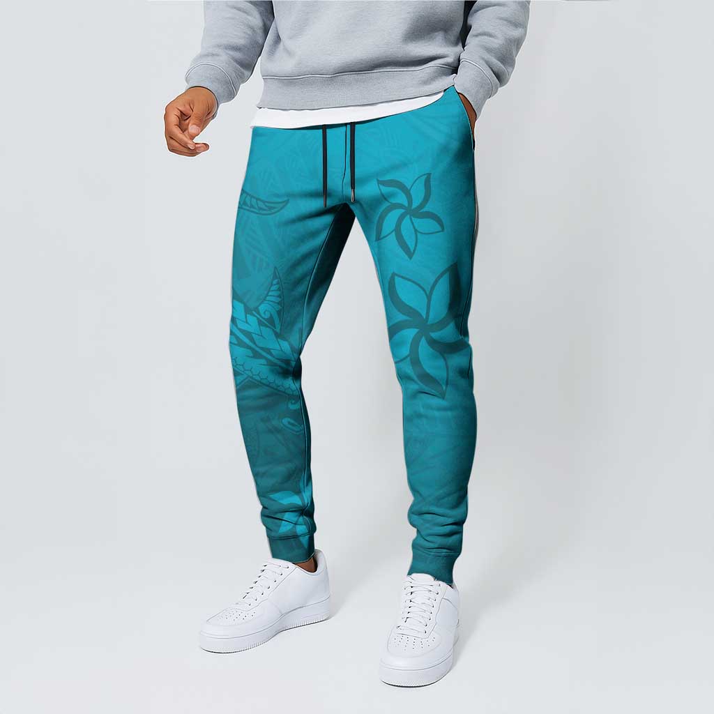 Dark Cyan Gradient Polynesia Jogger Pants Hawaiian Tribal Hammerhead Shark Tattoo LT14 - Polynesian Pride