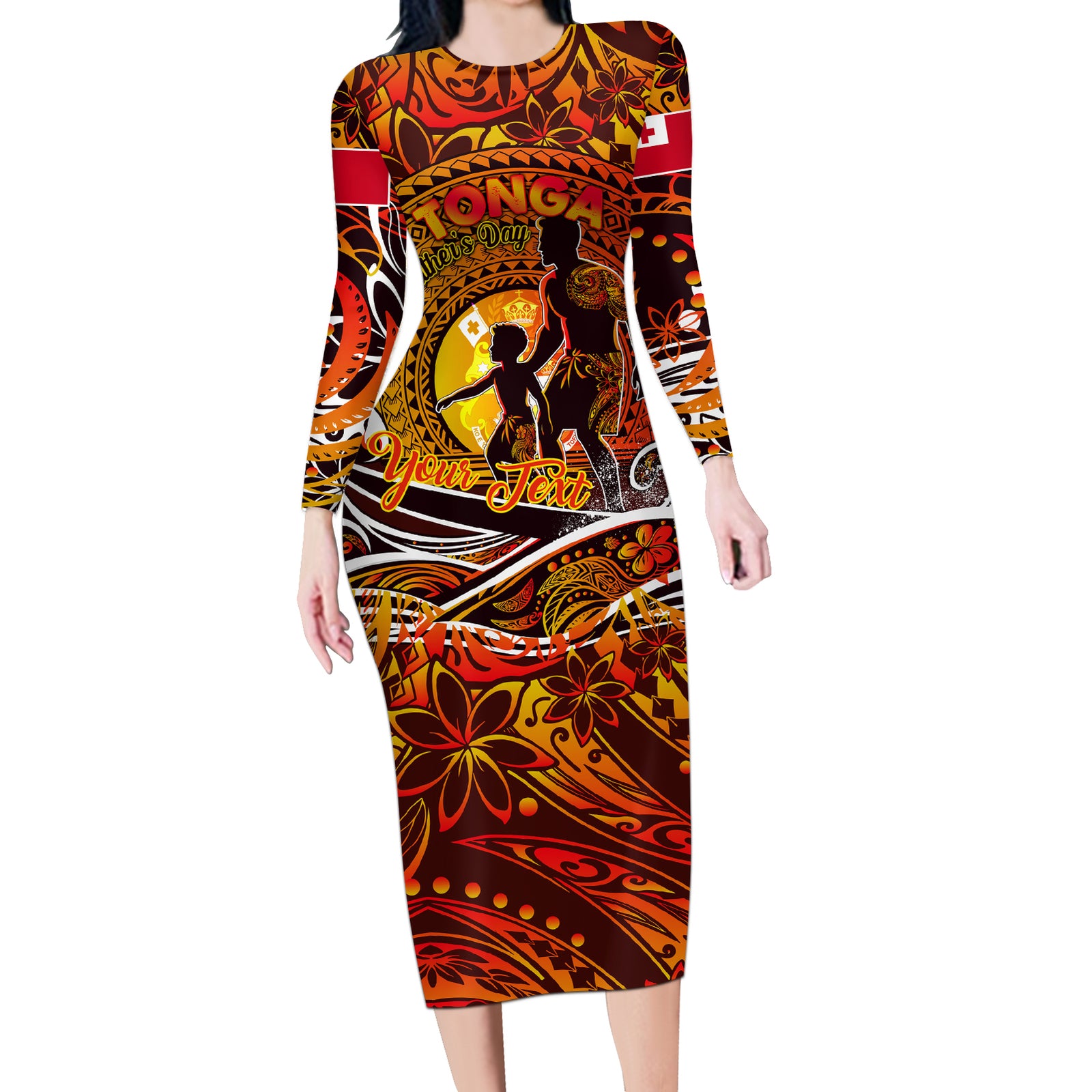Father's Day Tonga Long Sleeve Bodycon Dress Special Dad Polynesia Paradise DT02 Long Dress Orange - Polynesian Pride