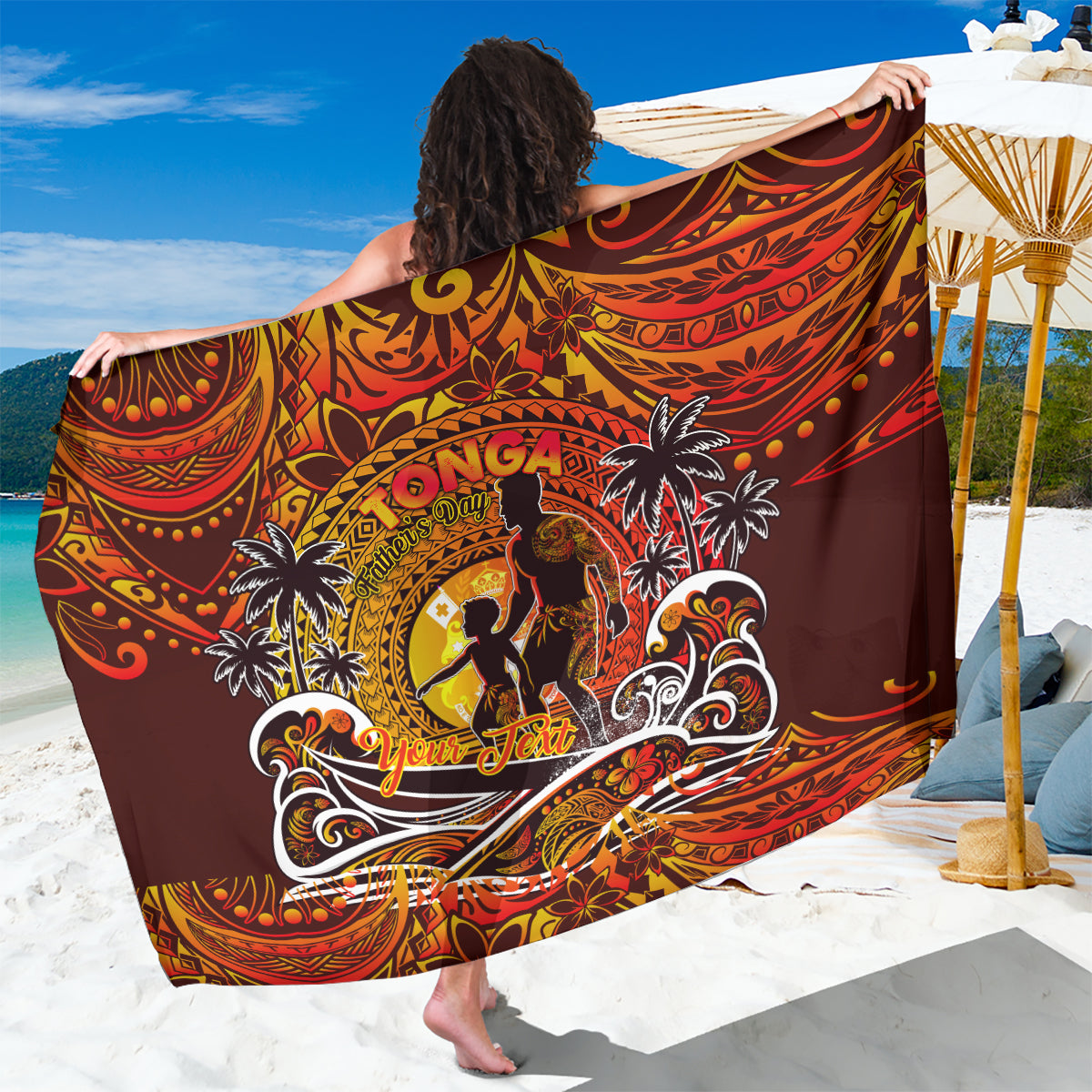 Father's Day Tonga Sarong Special Dad Polynesia Paradise DT02 One Size 44 x 66 inches Orange - Polynesian Pride