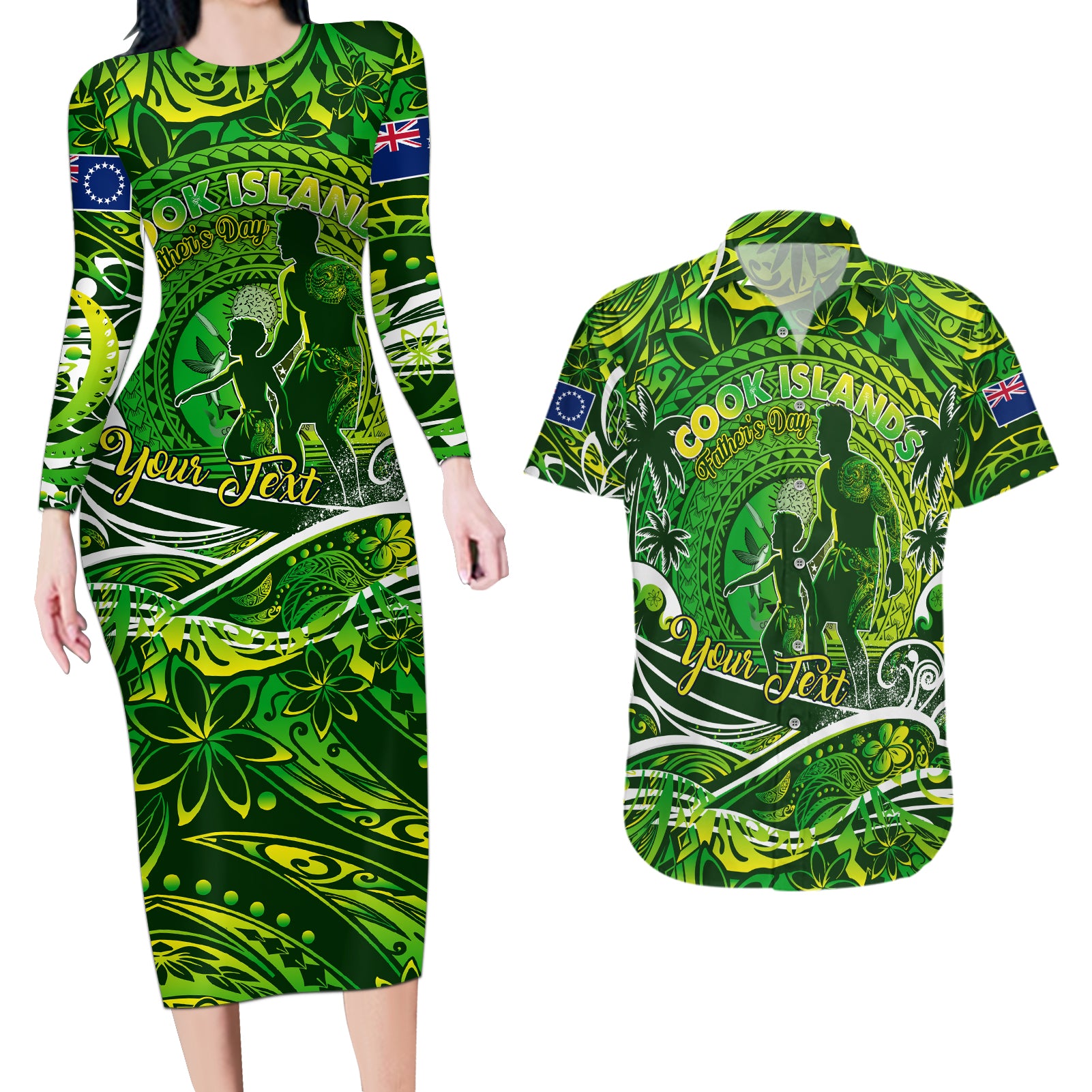 Father's Day Cook Islands Couples Matching Long Sleeve Bodycon Dress and Hawaiian Shirt Special Dad Polynesia Paradise