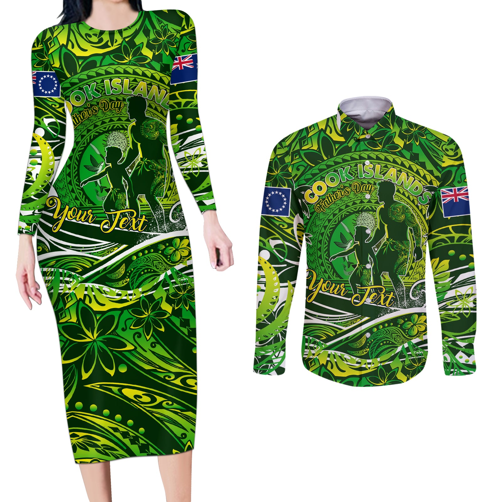 Father's Day Cook Islands Couples Matching Long Sleeve Bodycon Dress and Long Sleeve Button Shirt Special Dad Polynesia Paradise