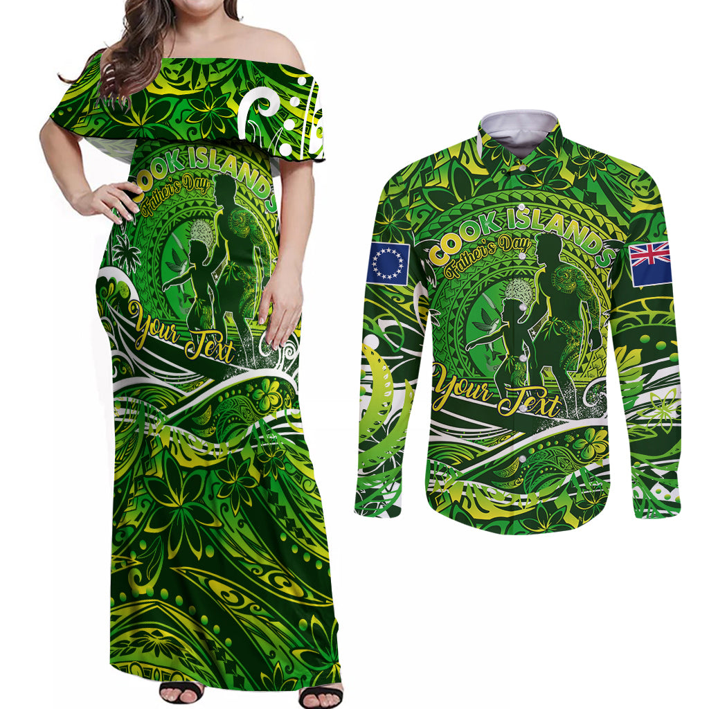 Father's Day Cook Islands Couples Matching Off Shoulder Maxi Dress and Long Sleeve Button Shirt Special Dad Polynesia Paradise