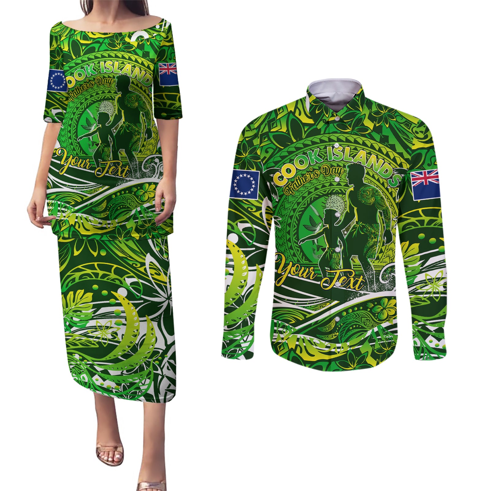 Father's Day Cook Islands Couples Matching Puletasi and Long Sleeve Button Shirt Special Dad Polynesia Paradise