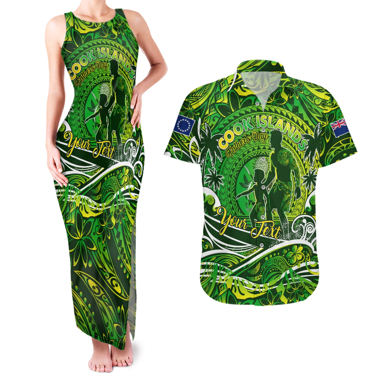 Father's Day Cook Islands Couples Matching Tank Maxi Dress and Hawaiian Shirt Special Dad Polynesia Paradise