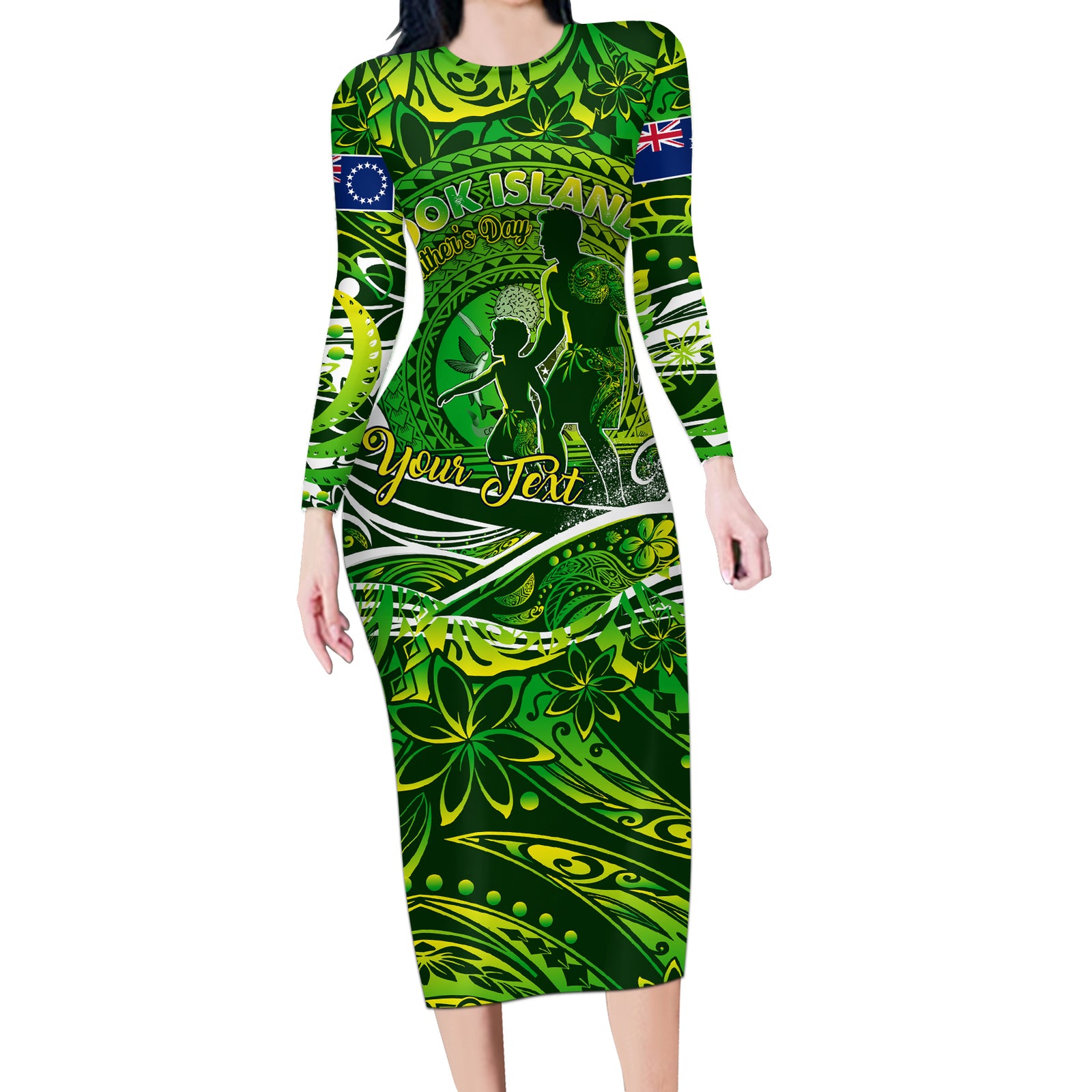 Father's Day Cook Islands Long Sleeve Bodycon Dress Special Dad Polynesia Paradise DT02 Long Dress Green - Polynesian Pride