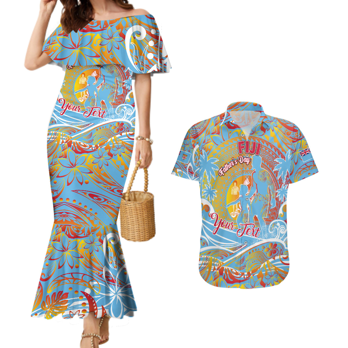 Father's Day Fiji Couples Matching Mermaid Dress and Hawaiian Shirt Special Dad Polynesia Paradise