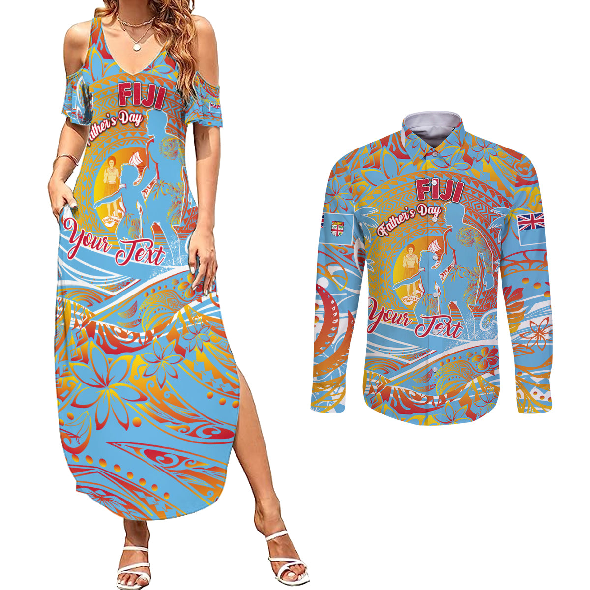 Father's Day Fiji Couples Matching Summer Maxi Dress and Long Sleeve Button Shirt Special Dad Polynesia Paradise