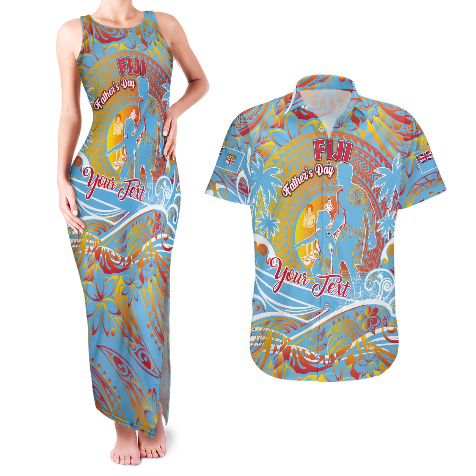 Father's Day Fiji Couples Matching Tank Maxi Dress and Hawaiian Shirt Special Dad Polynesia Paradise