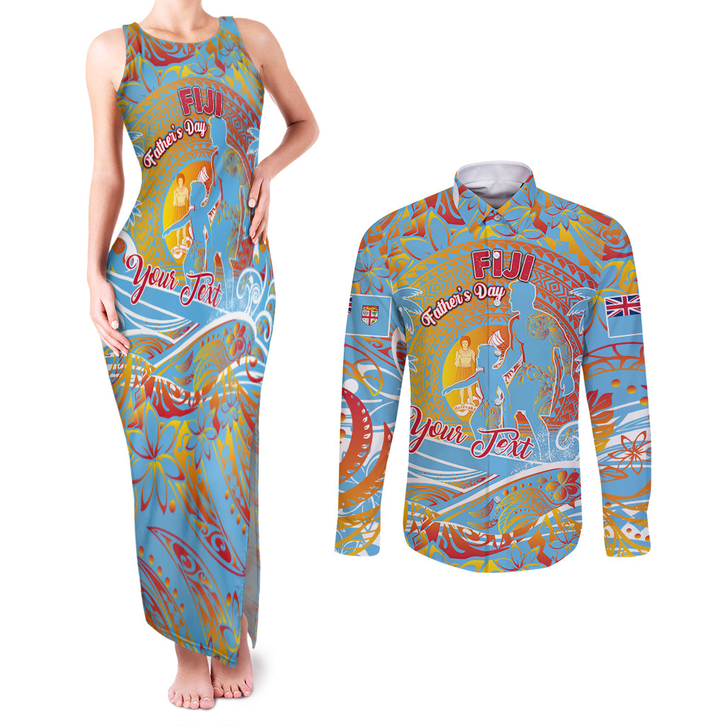 Father's Day Fiji Couples Matching Tank Maxi Dress and Long Sleeve Button Shirt Special Dad Polynesia Paradise