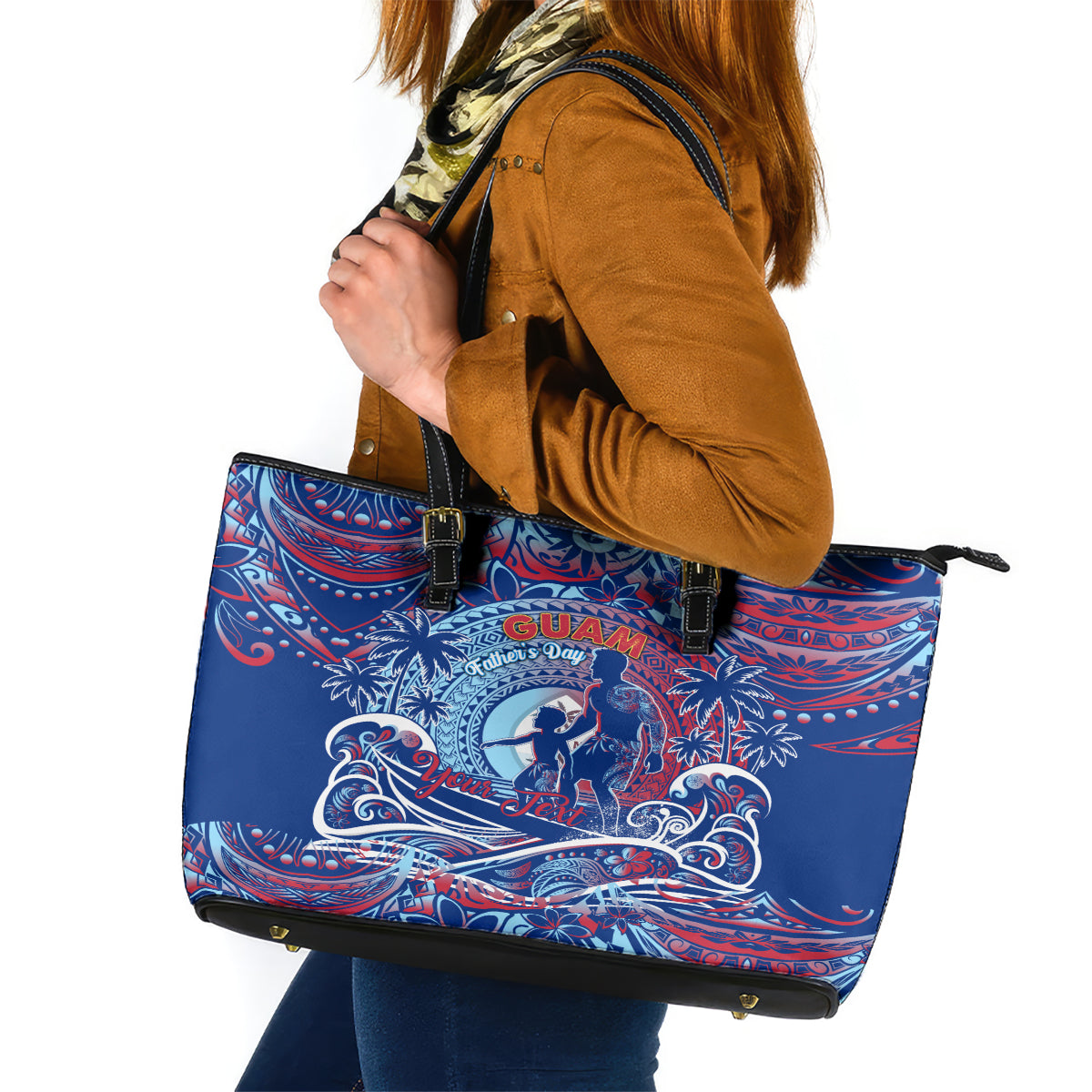 Father's Day Guam Leather Tote Bag Special Dad Polynesia Paradise DT02 Blue - Polynesian Pride