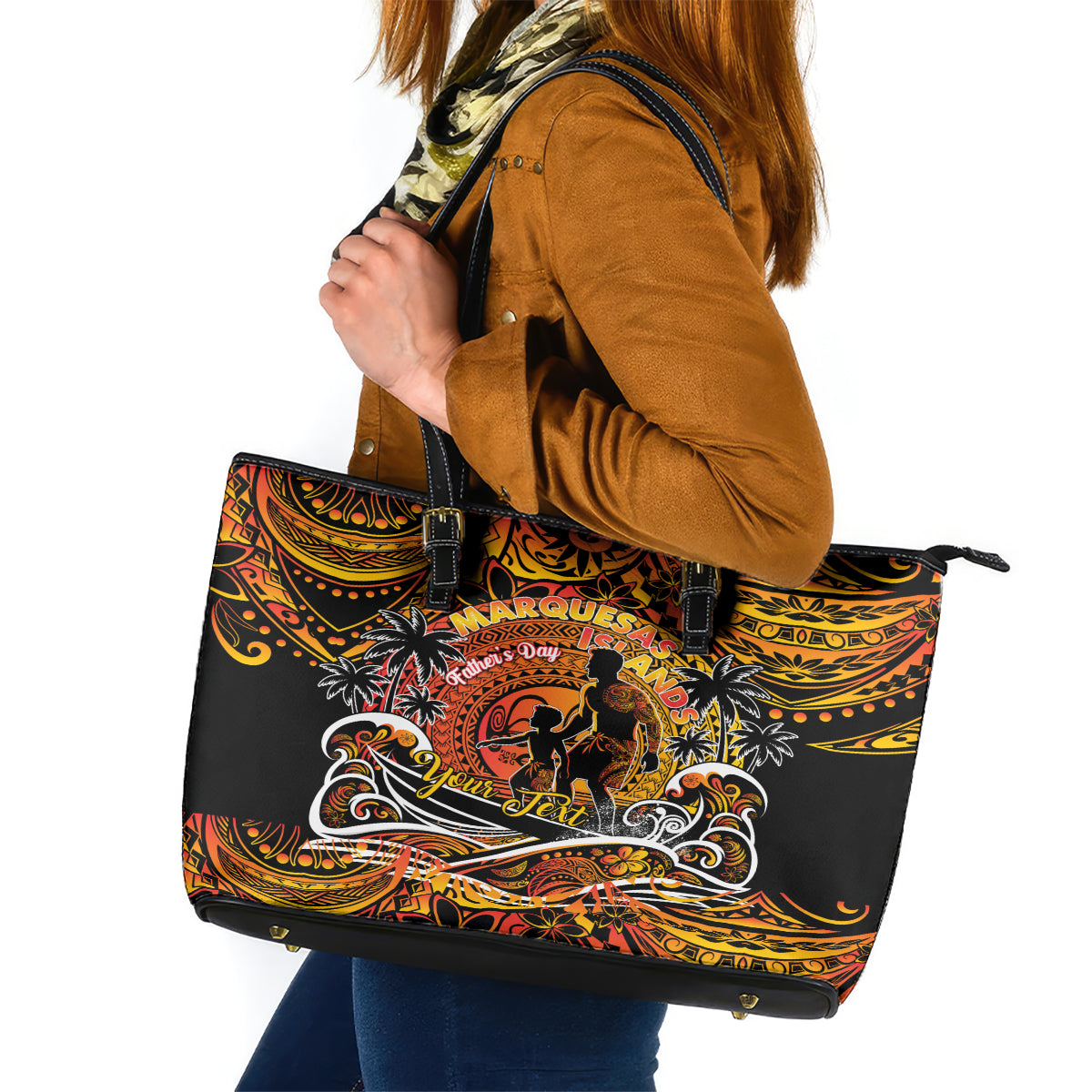 Father's Day Marquesas Islands Leather Tote Bag Special Dad Polynesia Paradise DT02 Orange - Polynesian Pride