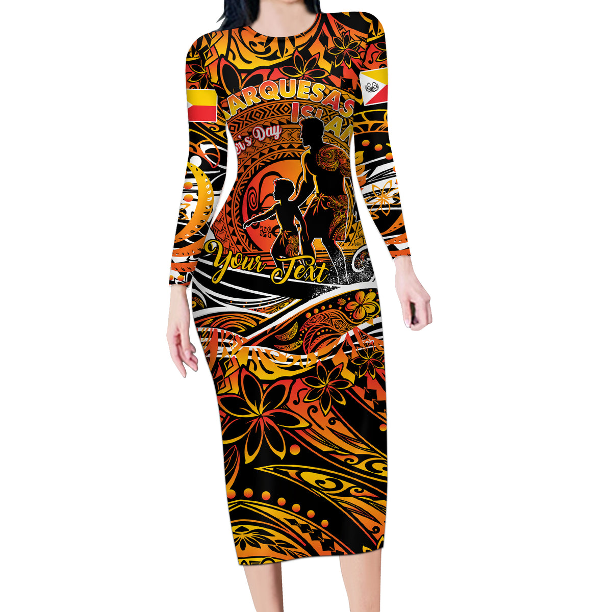 Father's Day Marquesas Islands Long Sleeve Bodycon Dress Special Dad Polynesia Paradise DT02 Long Dress Orange - Polynesian Pride