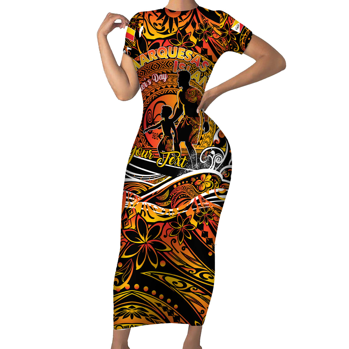 Father's Day Marquesas Islands Short Sleeve Bodycon Dress Special Dad Polynesia Paradise DT02 Long Dress Orange - Polynesian Pride