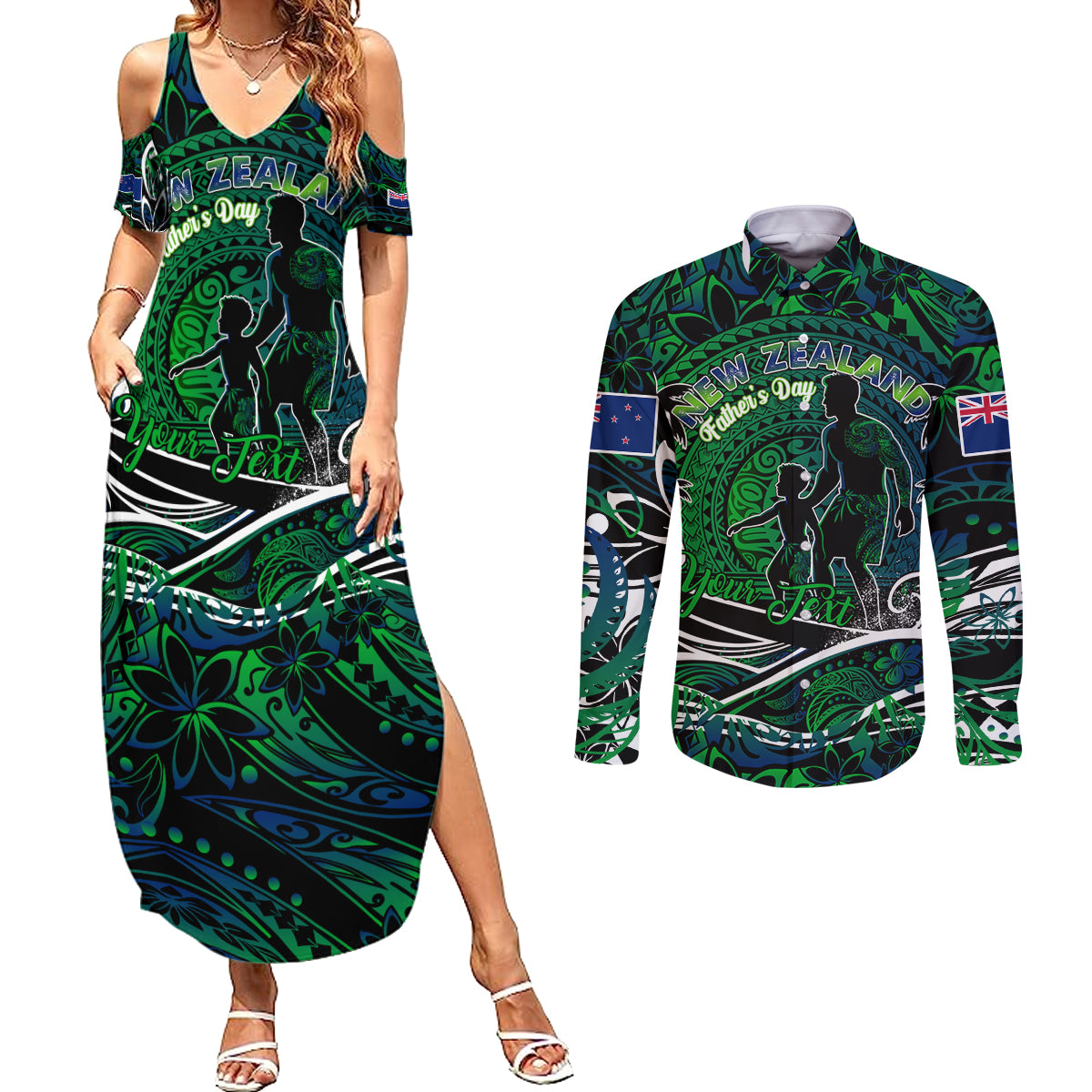 Father's Day New Zealand Couples Matching Summer Maxi Dress and Long Sleeve Button Shirt Special Dad Polynesia Paradise