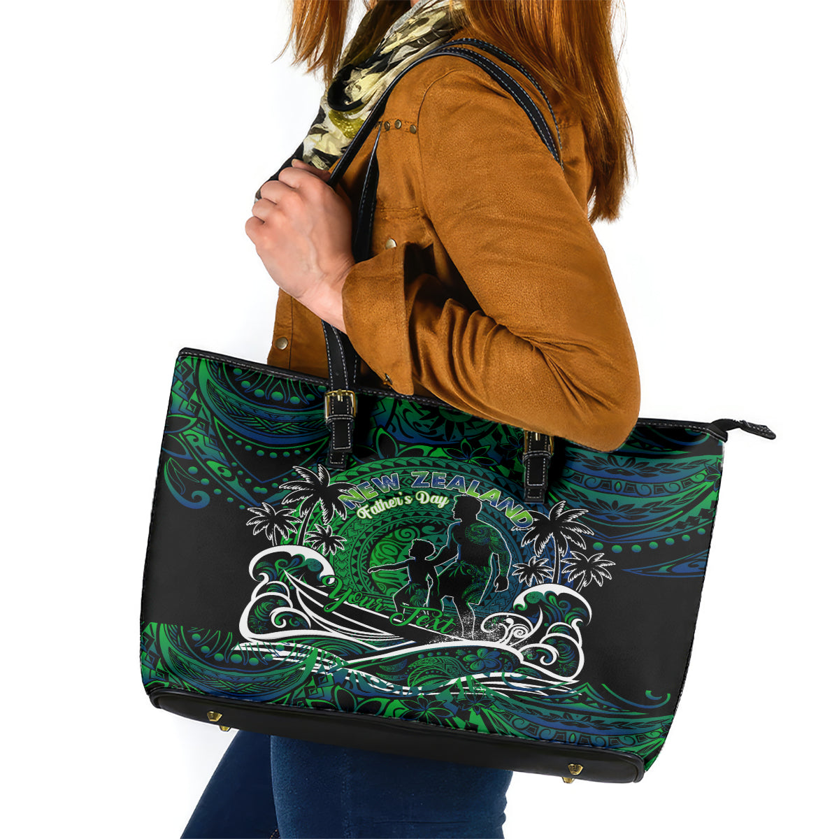 Father's Day New Zealand Leather Tote Bag Special Dad Polynesia Paradise DT02 Green - Polynesian Pride