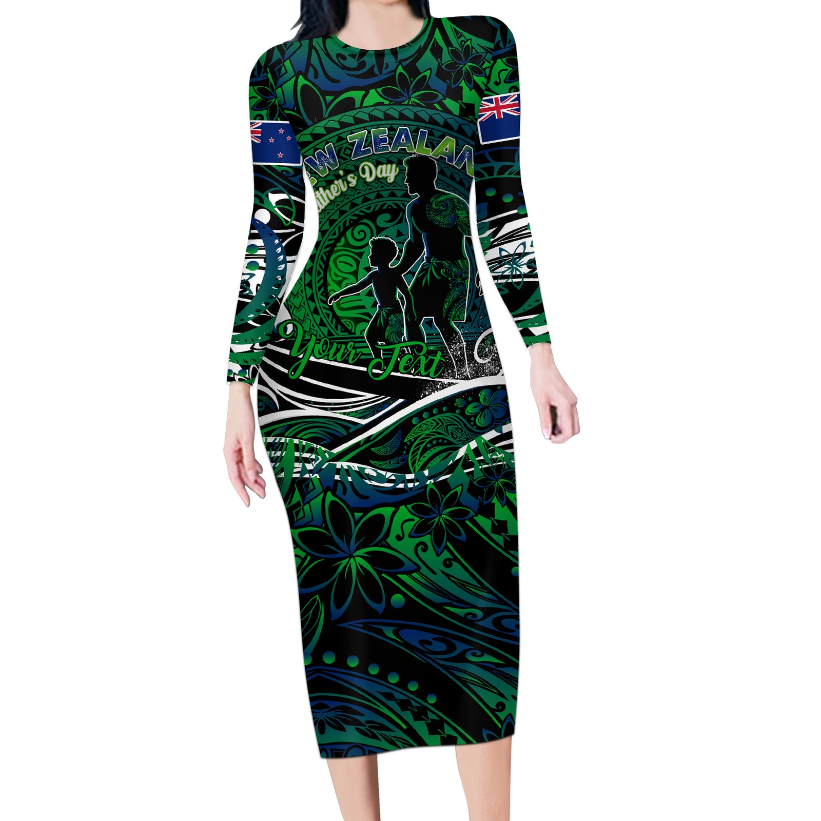 Father's Day New Zealand Long Sleeve Bodycon Dress Special Dad Polynesia Paradise DT02 Long Dress Green - Polynesian Pride