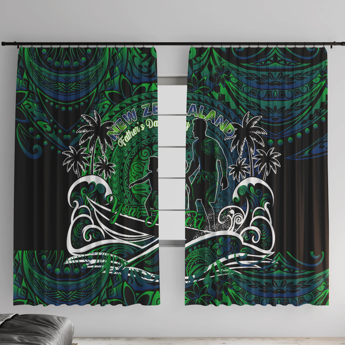 Father's Day New Zealand Window Curtain Special Dad Polynesia Paradise DT02 With Hooks Green - Polynesian Pride