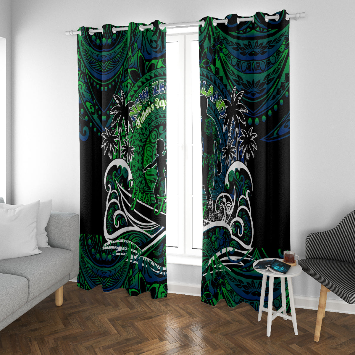 Father's Day New Zealand Window Curtain Special Dad Polynesia Paradise DT02 With Grommets Green - Polynesian Pride