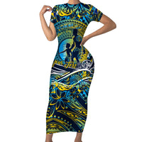 Father's Day Tokelau Short Sleeve Bodycon Dress Special Dad Polynesia Paradise DT02 Long Dress Blue - Polynesian Pride