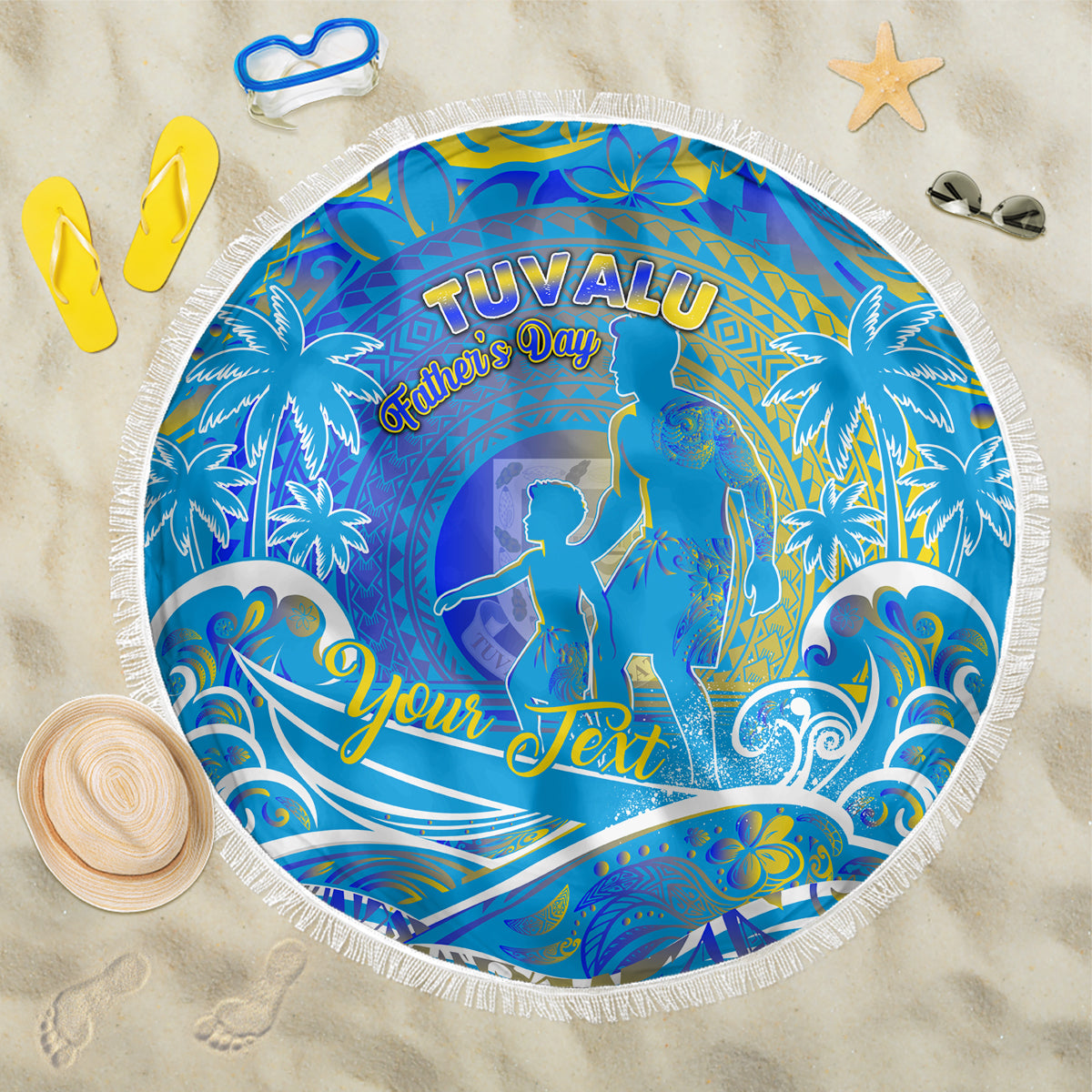 Father's Day Tuvalu Beach Blanket Special Dad Polynesia Paradise DT02 One Size 150cm Blue - Polynesian Pride