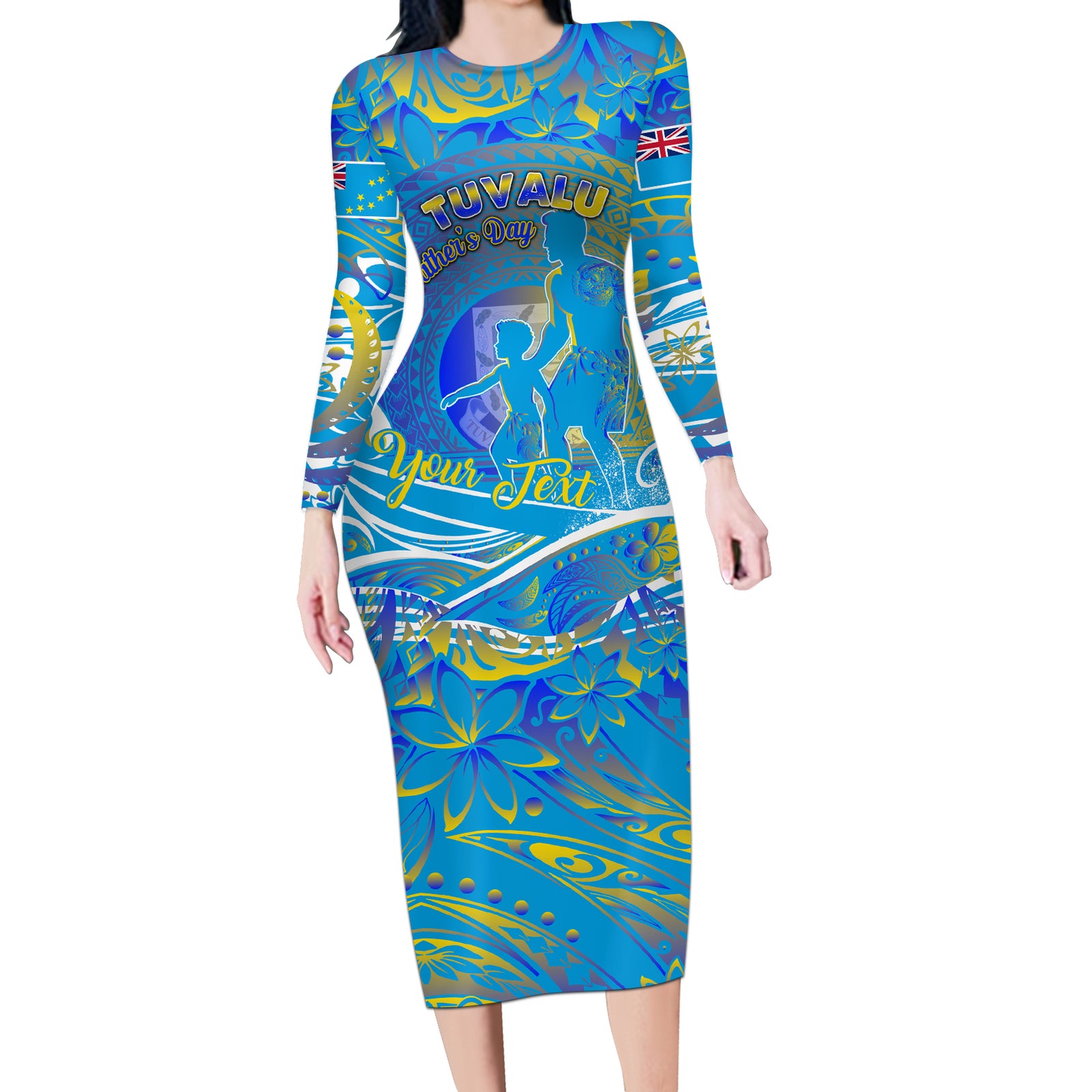 Father's Day Tuvalu Long Sleeve Bodycon Dress Special Dad Polynesia Paradise DT02 Long Dress Blue - Polynesian Pride