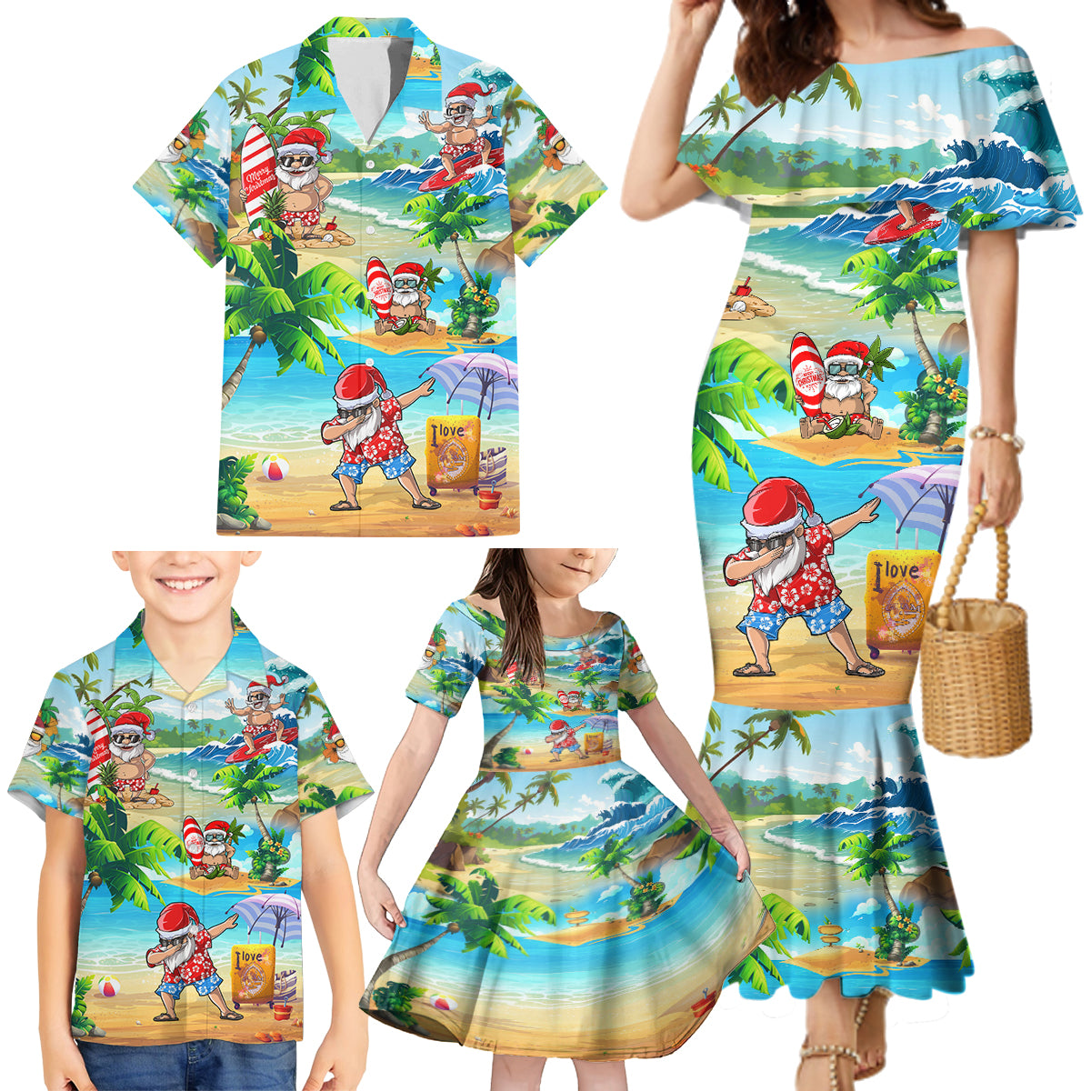 Guam Christmas Family Matching Mermaid Dress and Hawaiian Shirt Santa Claus Beach and Wave DT02 - Polynesian Pride