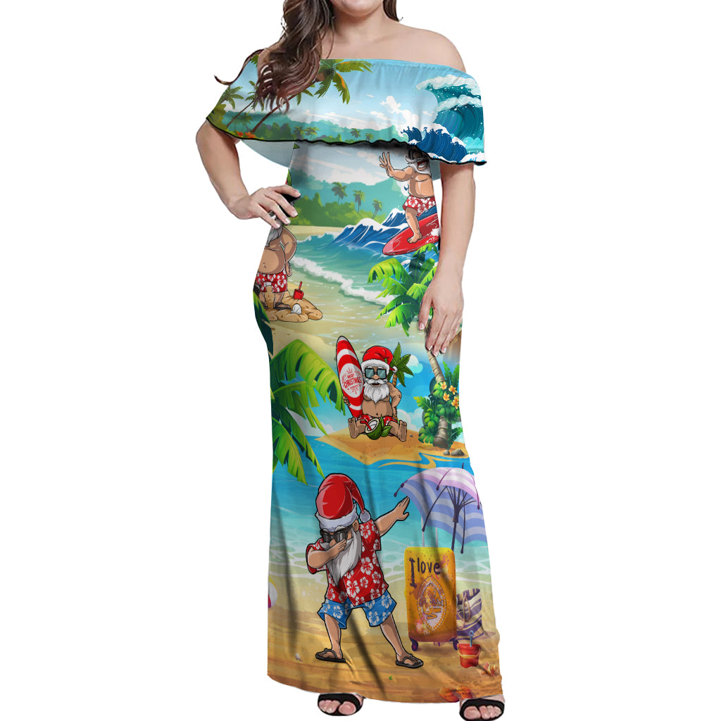 Guam Christmas Off Shoulder Maxi Dress Santa Claus Beach and Wave DT02 Women Art - Polynesian Pride