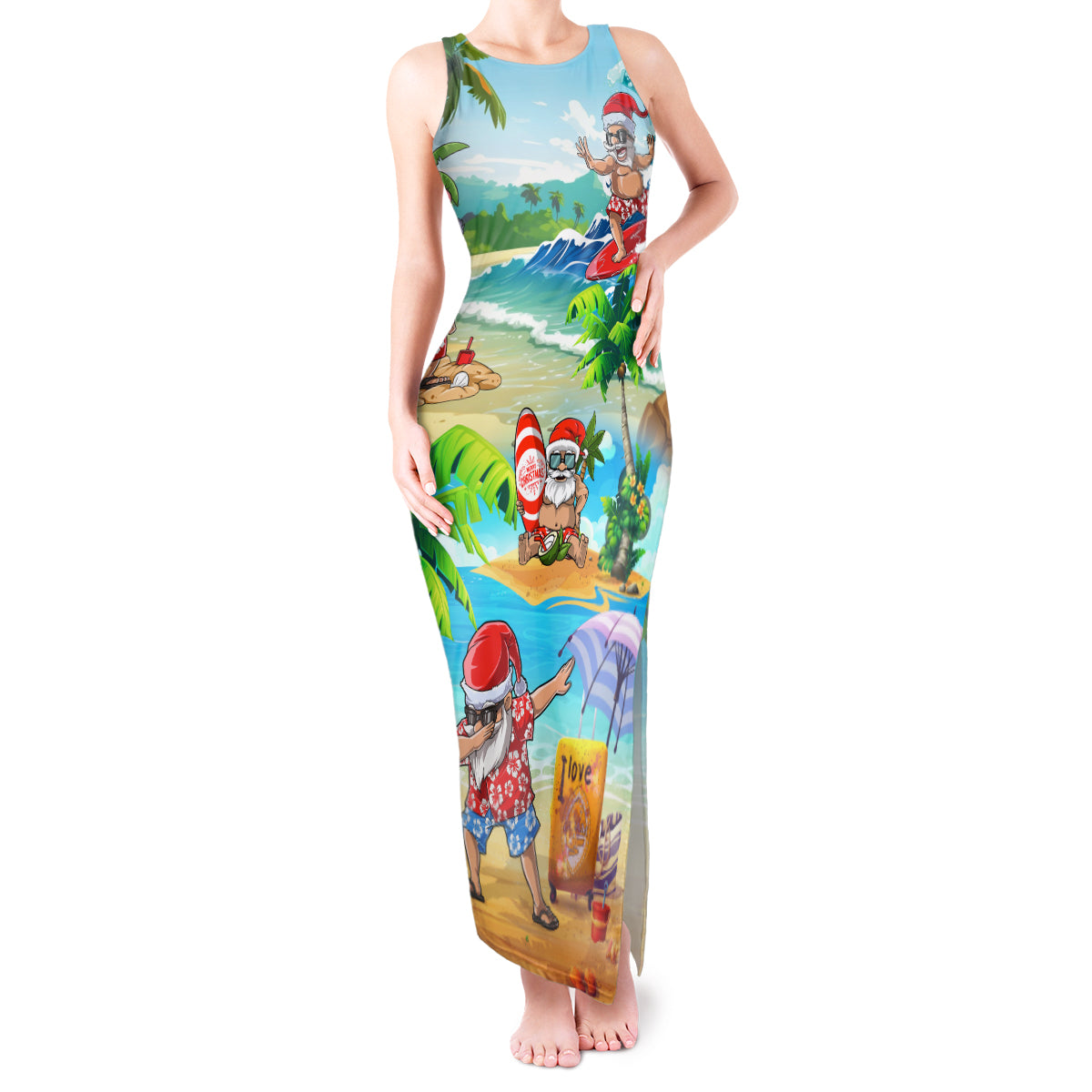 Guam Christmas Tank Maxi Dress Santa Claus Beach and Wave DT02 Women Art - Polynesian Pride