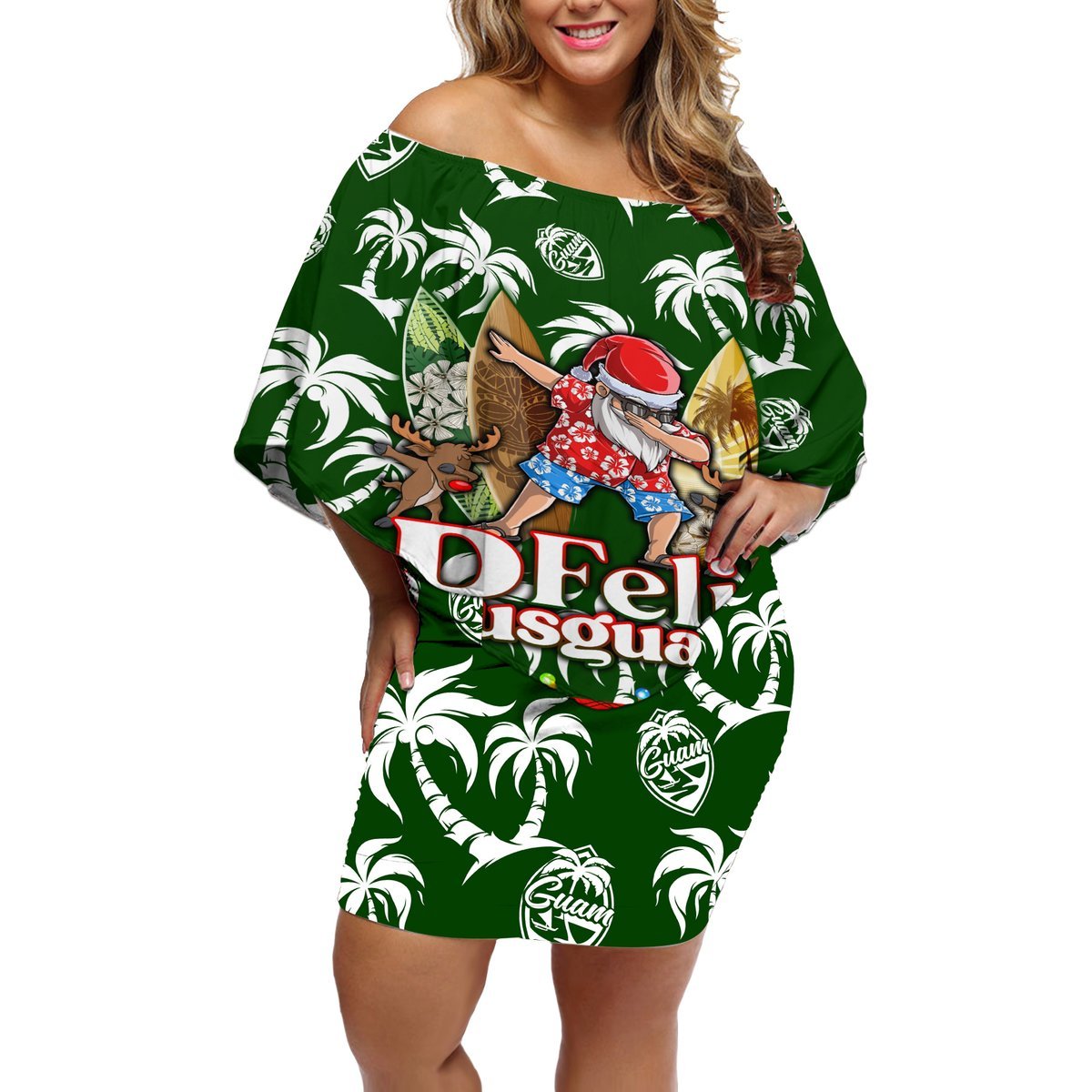 Guam Christmas Off Shoulder Short Dress Felis Pusgua Tropical Xmas Patterns DT02 Women Green - Polynesian Pride